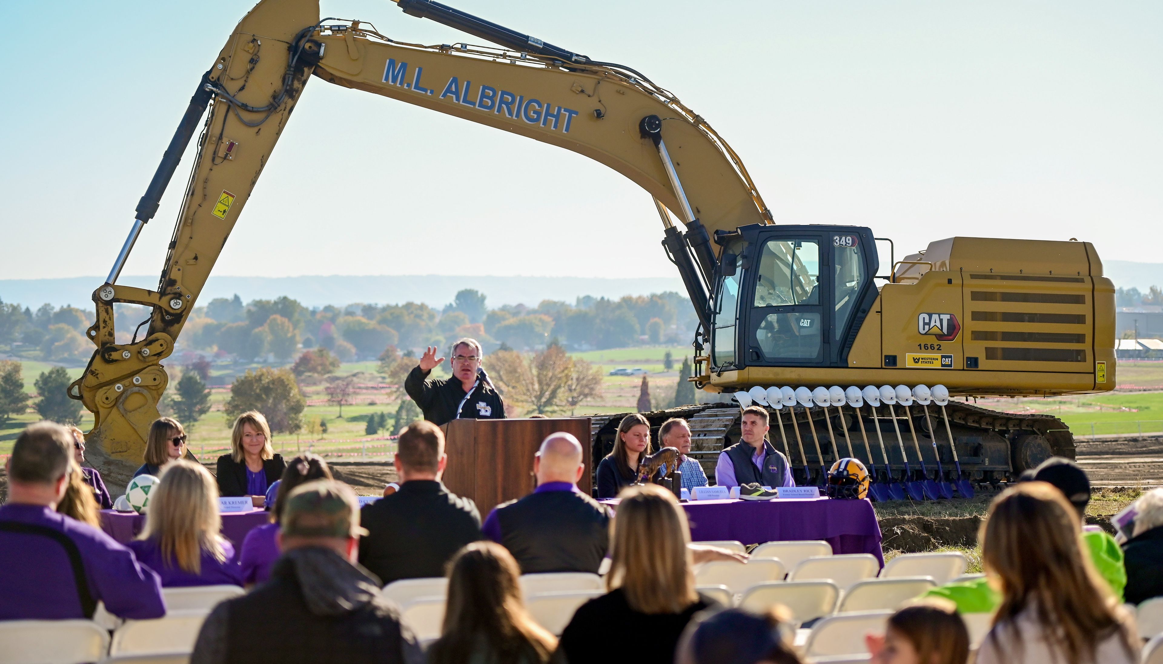 Bradley C. Cuddy, Lewiston School Board president, speaks at a groundbreaking ceremony for the beginning of construction on Lewiston High Schools athletic venues on Oct. 21, 2023.