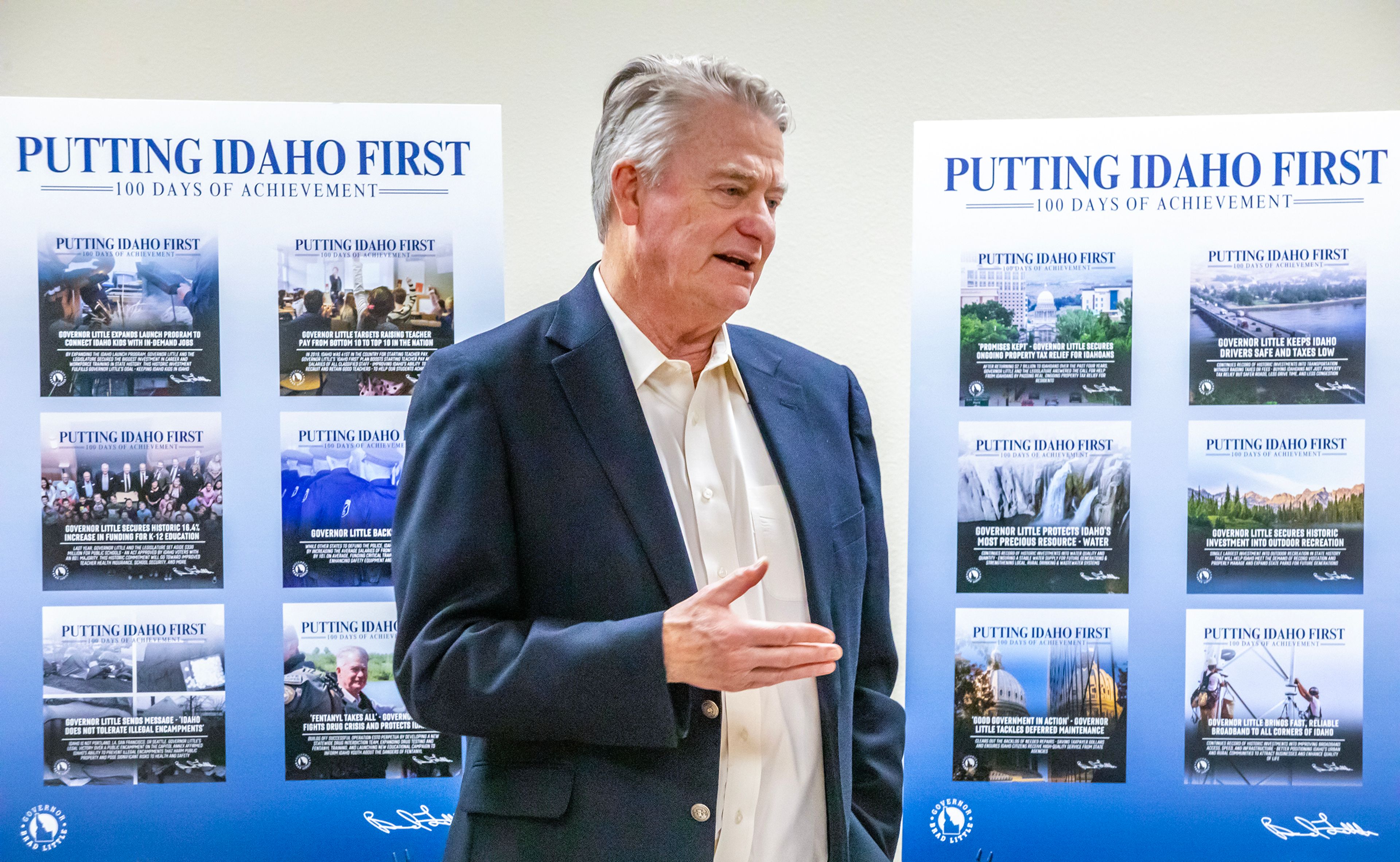 Idaho Governor Brad Little discusses his first 100 days in office during a meeting with the press Monday at the Lewis and Clark Discovery Center of Hells Gate State Park in Lewiston.