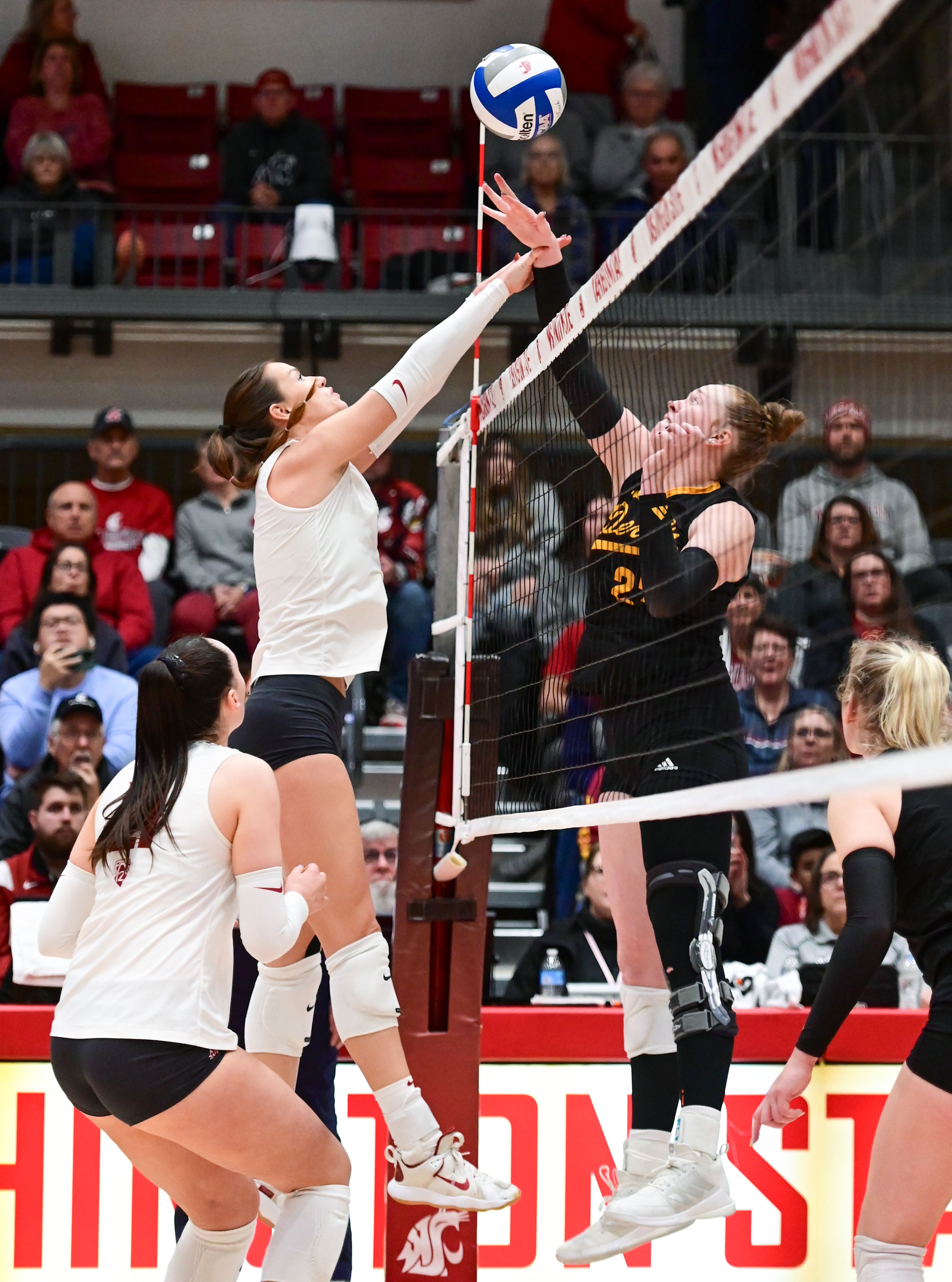 Washington State outside hitter Pia Timmer (7) meets Arizona State middle blocker Claire Jeter (23) at the net during a match Nov. 22 at Bohler Gym in Pullman