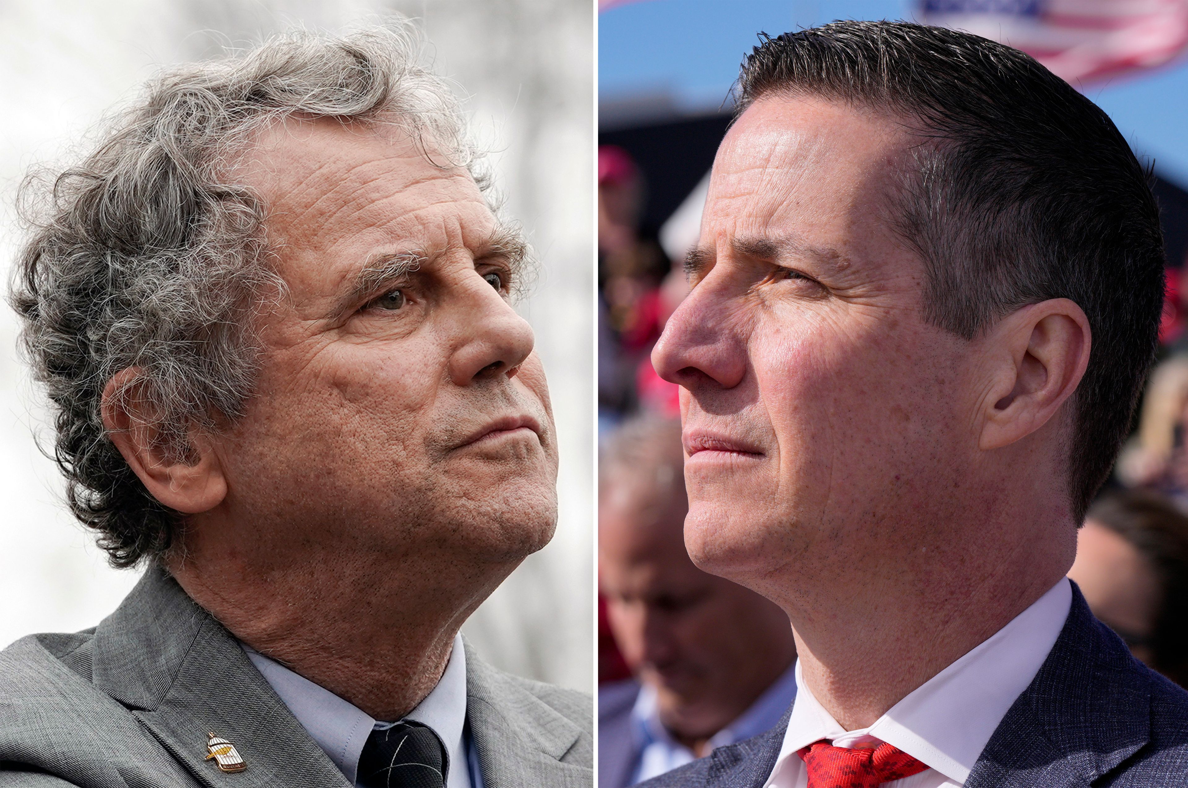 FILE - This combination of images shows from left, Sen. Sherrod Brown, D-Ohio, chairman of the Senate Committee on Banking, Housing, in Washington, on Dec. 7, 2022, and Republican opponent Bernie Moreno, in Vandalia, Ohio, on March 16, 2024. (AP Photo Mariam Zuhaib and AP Photo Jeff Dean, File)