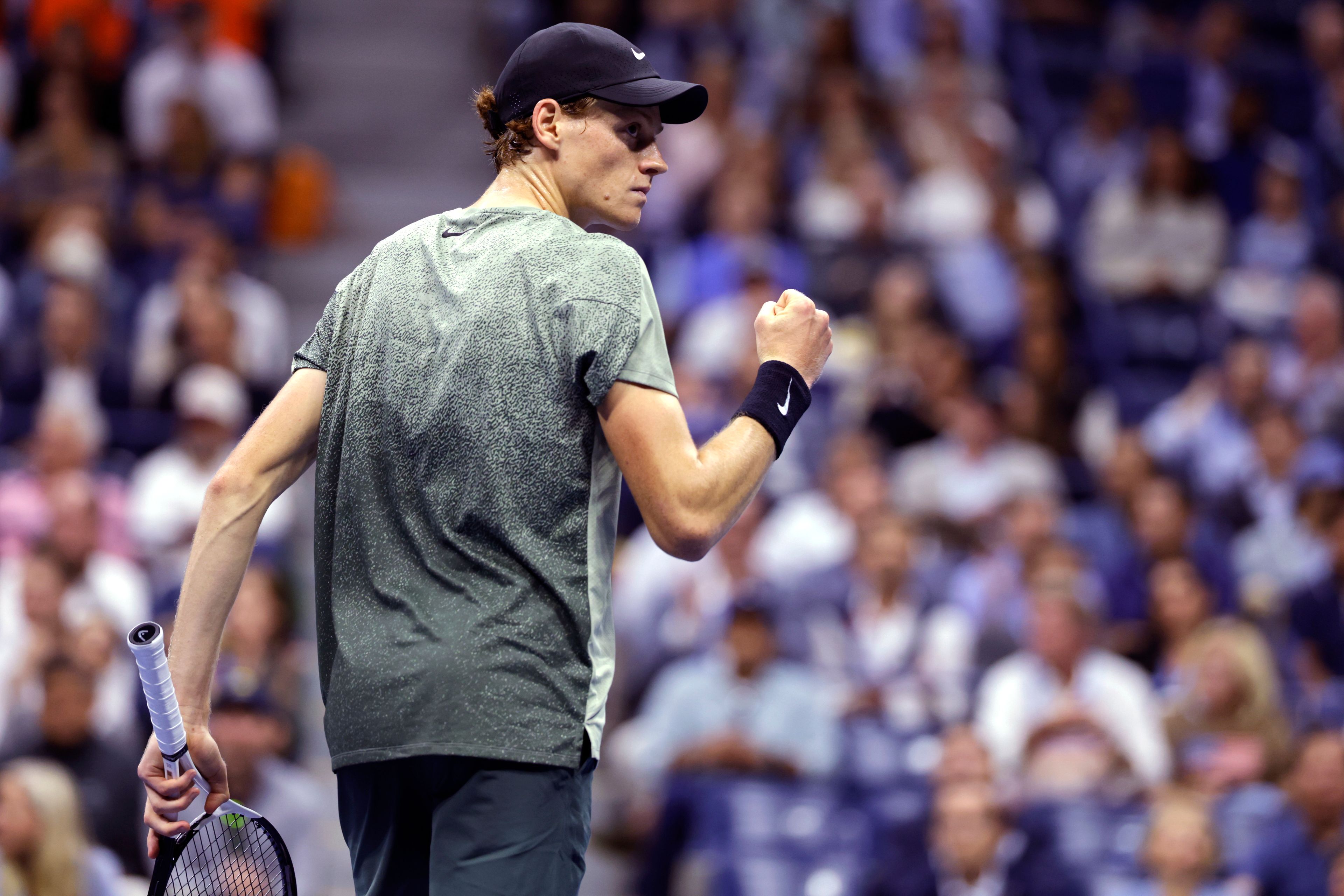 Jannik Sinner, of Italy, pumps his fist after winning a point against Daniil Medvedev, of Russia, during the quarterfinals of the U.S. Open tennis championships, Wednesday, Sept. 4, 2024, in New York.