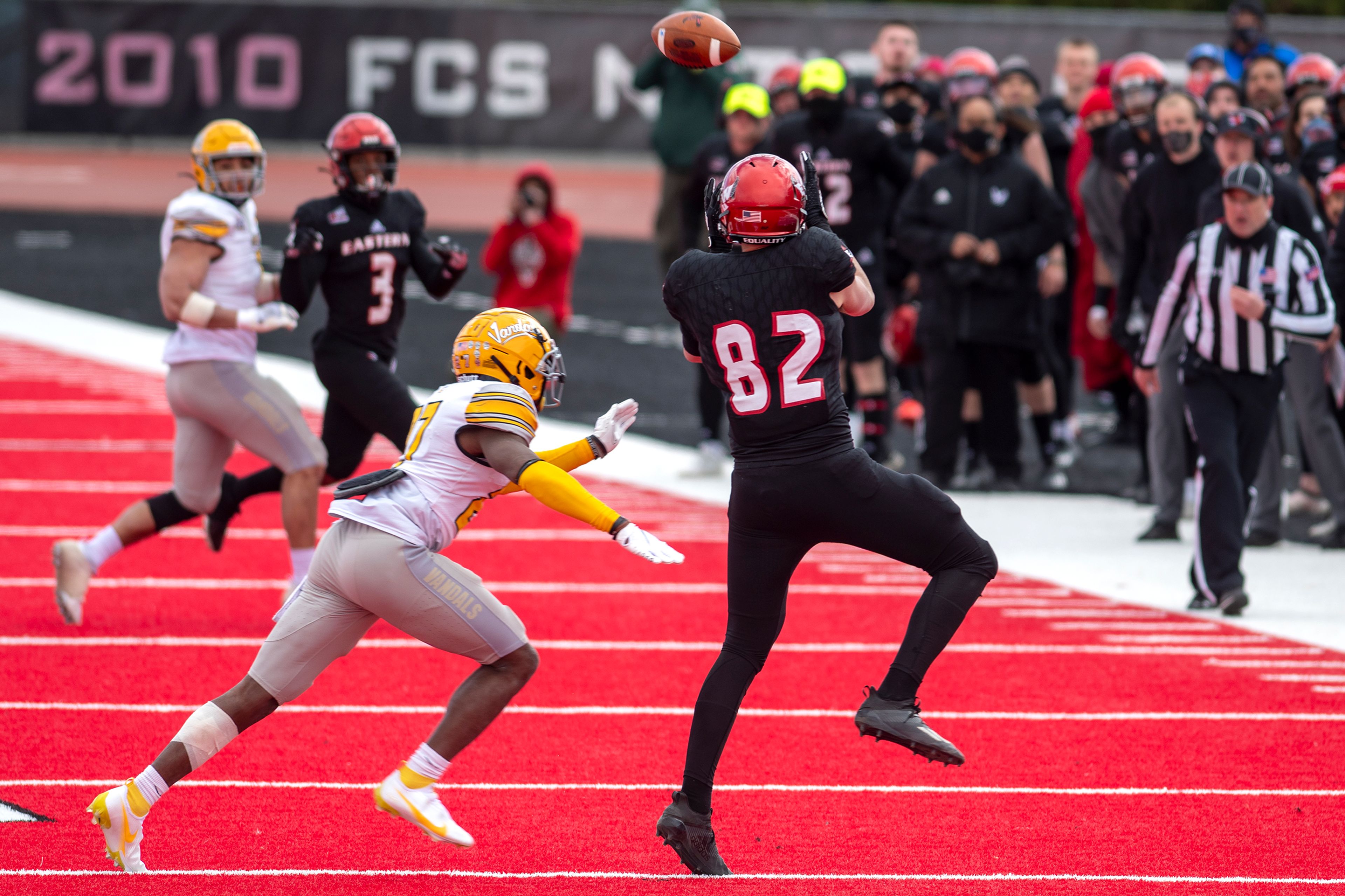 Idaho defensive back Tyrese Dedmon (27) defends a pass attempt to Eastern Washington tight end Blake Gobel (82) during the third quarter of a Big Sky Conference matchup at Roos Field on Saturday afternoon. Eastern Washington defeated Idaho 38-31.