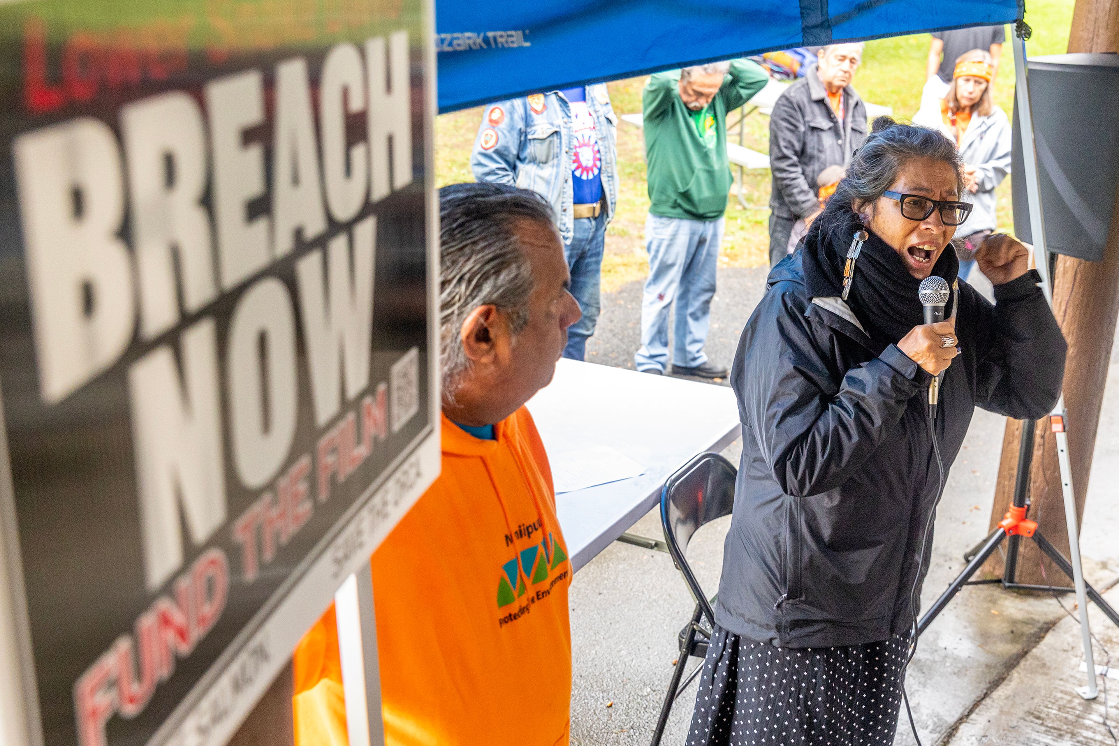 Native Organizers Alliance Executive Director Judith Leblanc, of the Caddo Nation, speaks during a demonstration calling for breaching the dams Saturday at Hells Gate State Park in Lewiston.