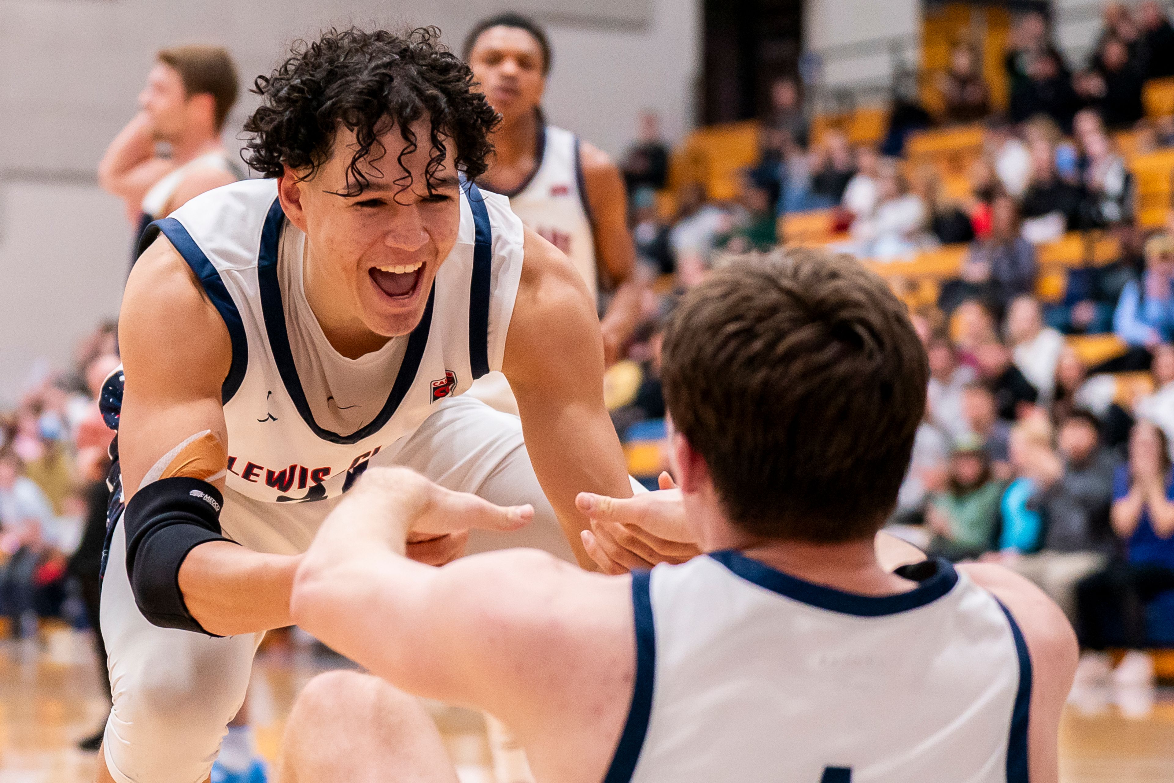 Lewis-Clark State’s Alton Hamilton, left, congratulates teammate John Lustig, right, after Lustig scored and drew a foul during a game against Eastern Oregon on Feb. 28 at the P1FCU Activity Center.