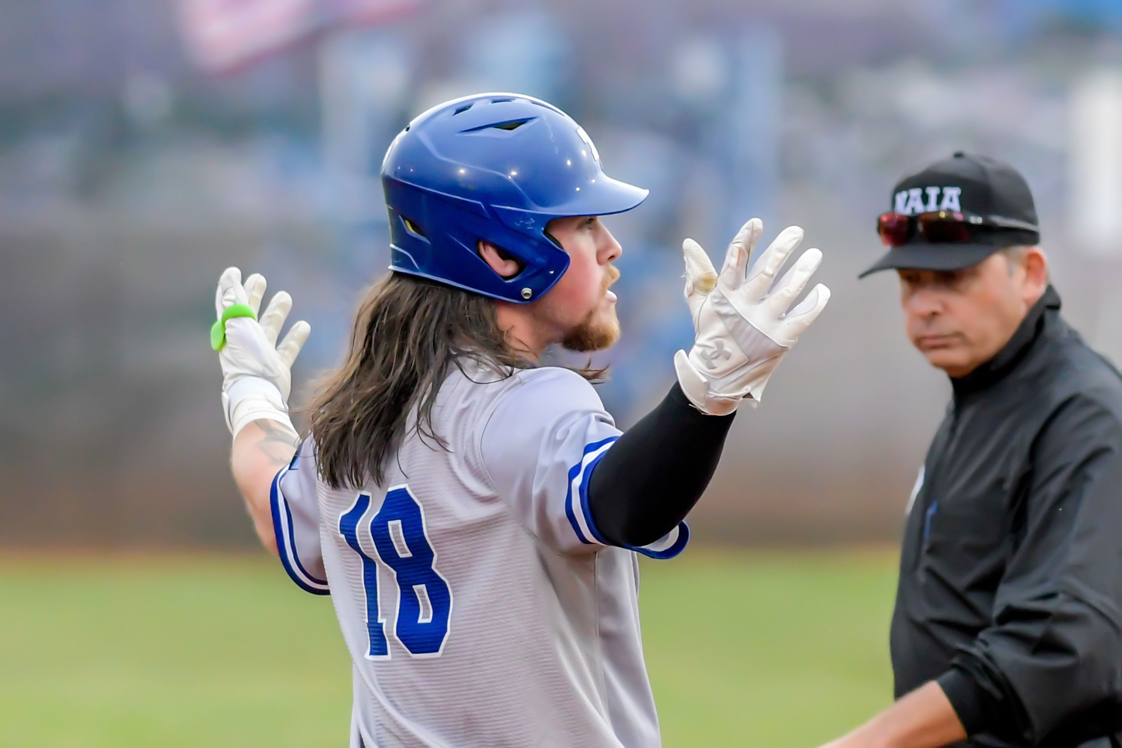 Tennessee Wesleyan’s Evan Magill reacts as he gets onto second base on a hit into the outfield against Cumberlands in an inning of game 3 of the NAIA World Series at Harris Field Friday in Lewiston.