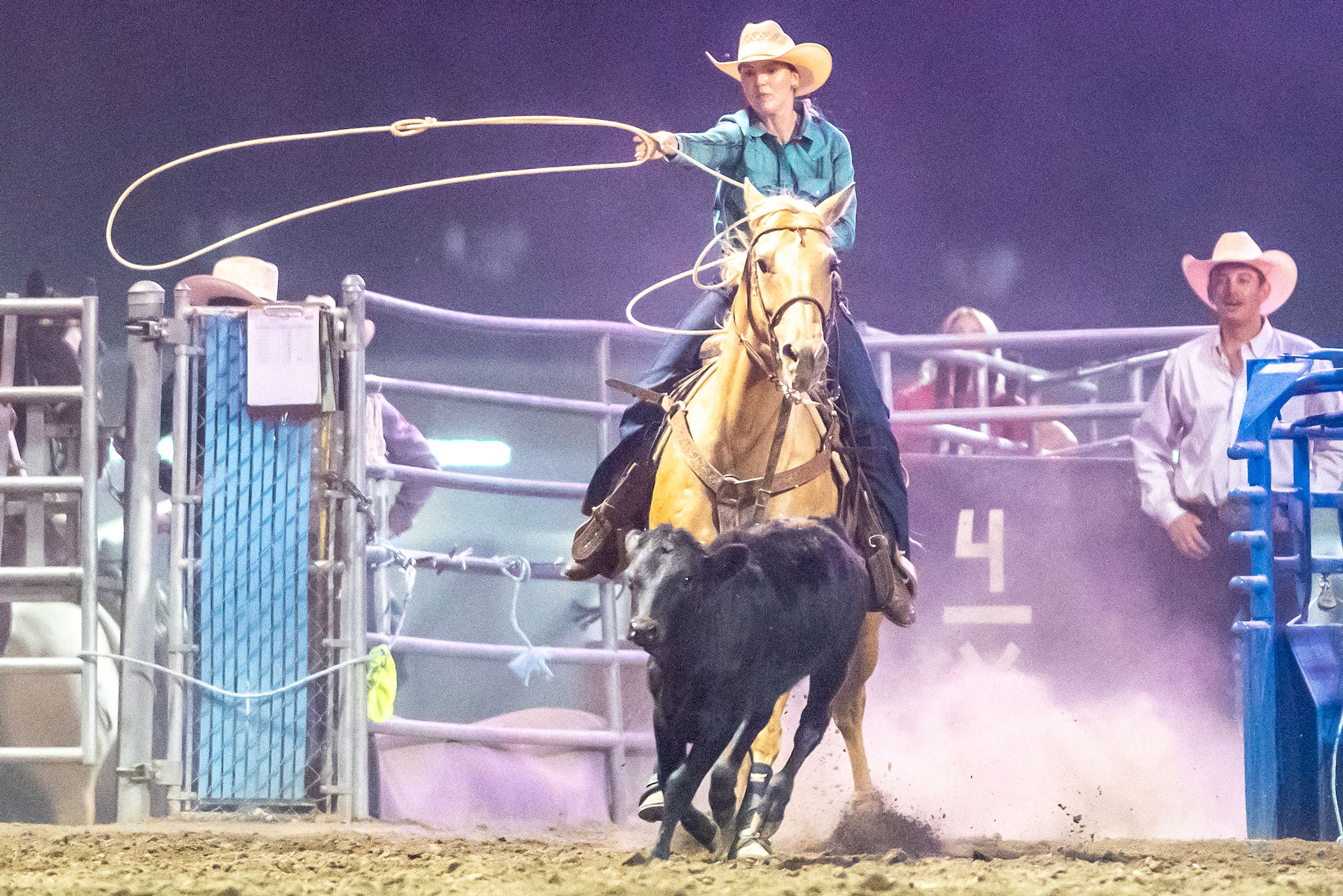 Alex Pederson, of Clarkston, ropes her calf in the breakaway roping on day 2 of the Lewiston Roundup.