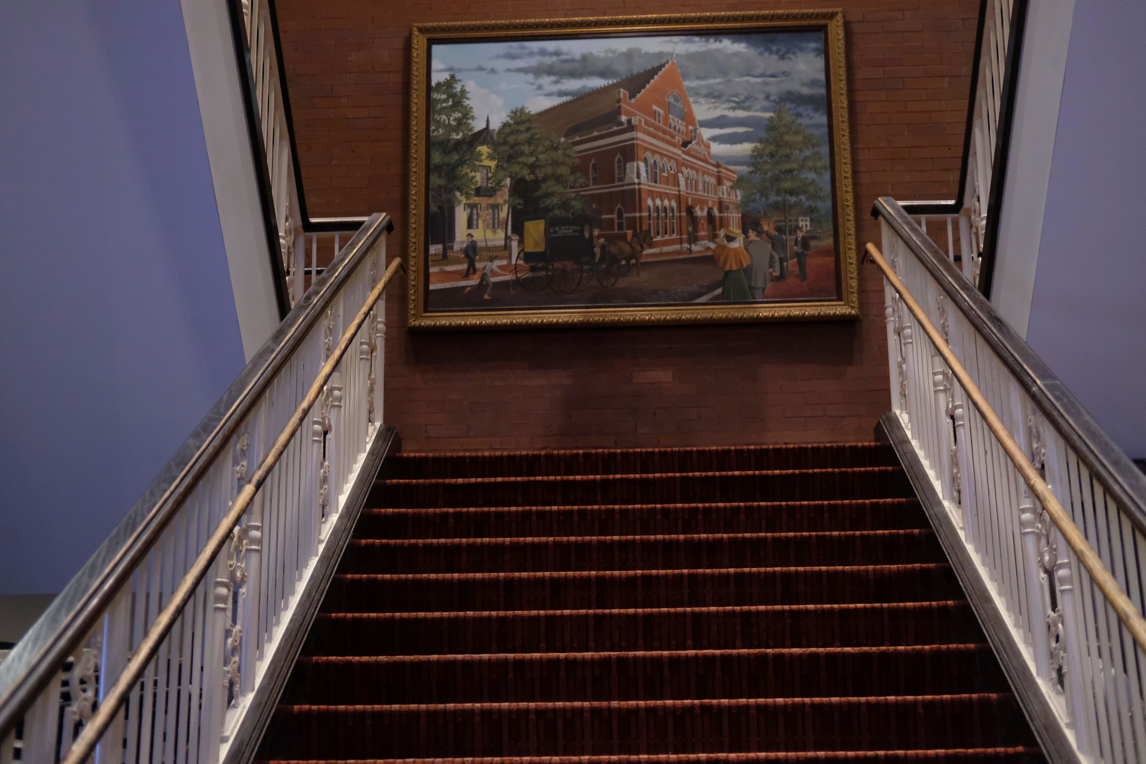 A painting of the Ryman Auditorium is displayed inside the concert venue in Nashville, Tenn., on July 30, 2024.