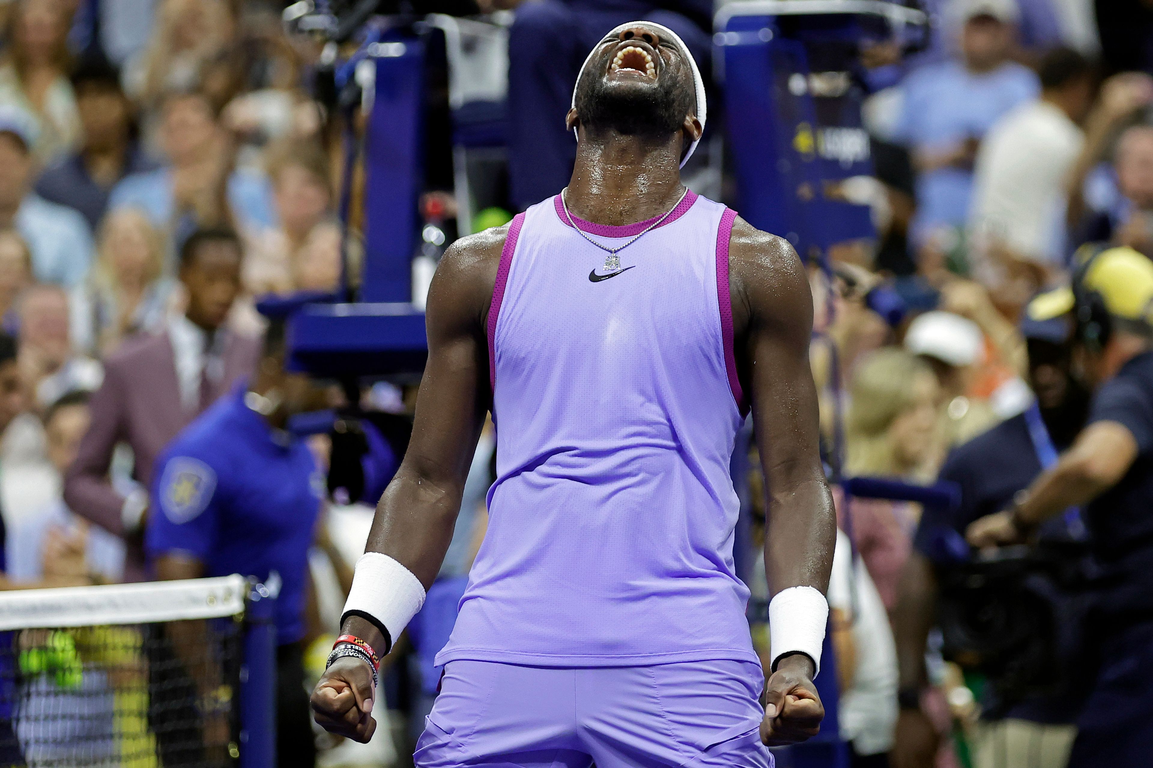 Frances Tiafoe, of the United States, reacts after defeating Alexei Popyrin, of Australia, during the fourth round of the U.S. Open tennis tournament Sunday, Sept. 1, 2024, in New York.