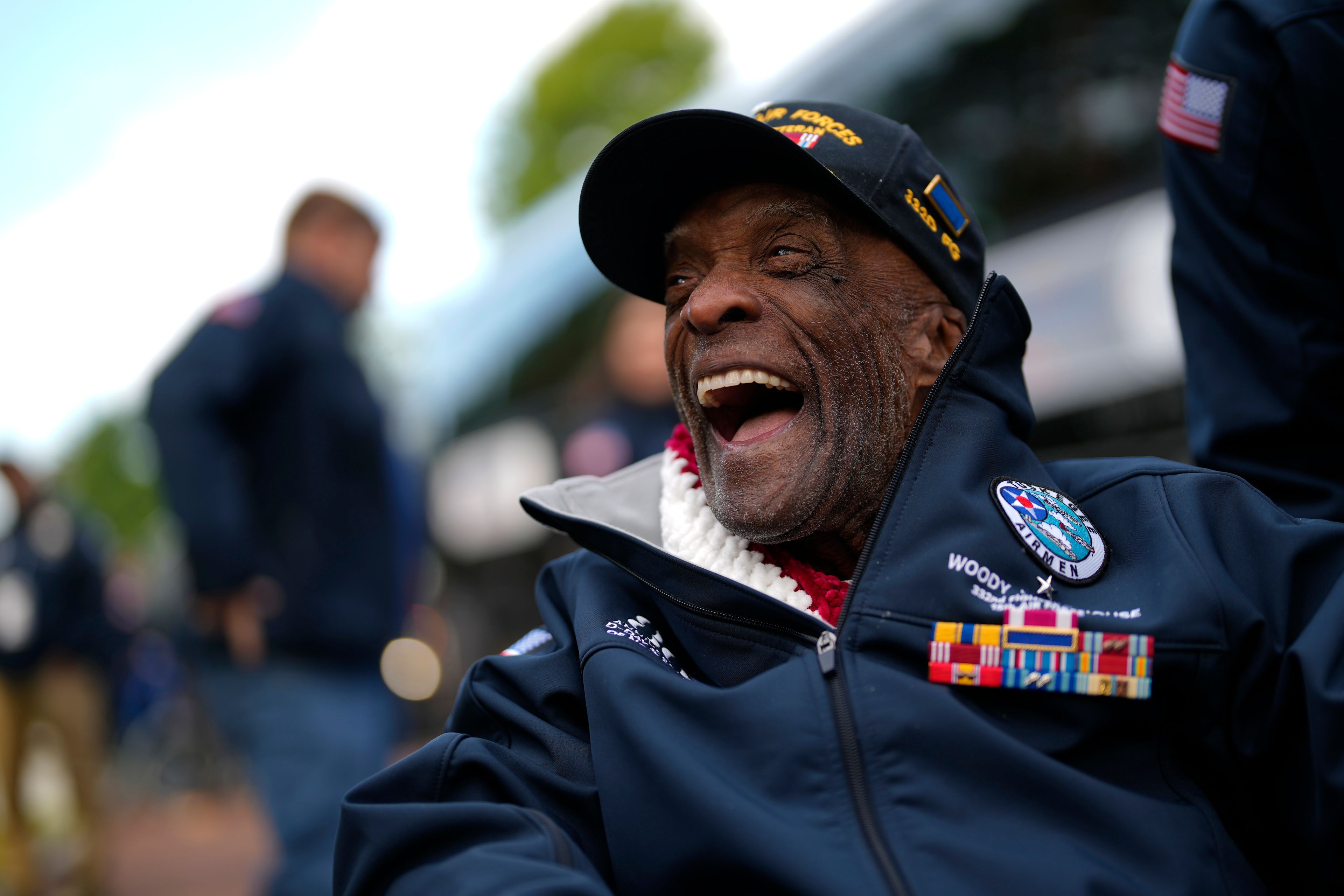 U.S. World War II veteran and Tuskegee Airman, Enoch "Woody" Woodhouse visits the Normandy American Cemetery in Colleville-sur-Mer, France, Tuesday, June 4, 2024. World War II veterans from across the United States as well as Britain and Canada are in Normandy this week to mark 80 years since the D-Day landings that helped lead to Hitler's defeat. (AP Photo/Virginia Mayo)