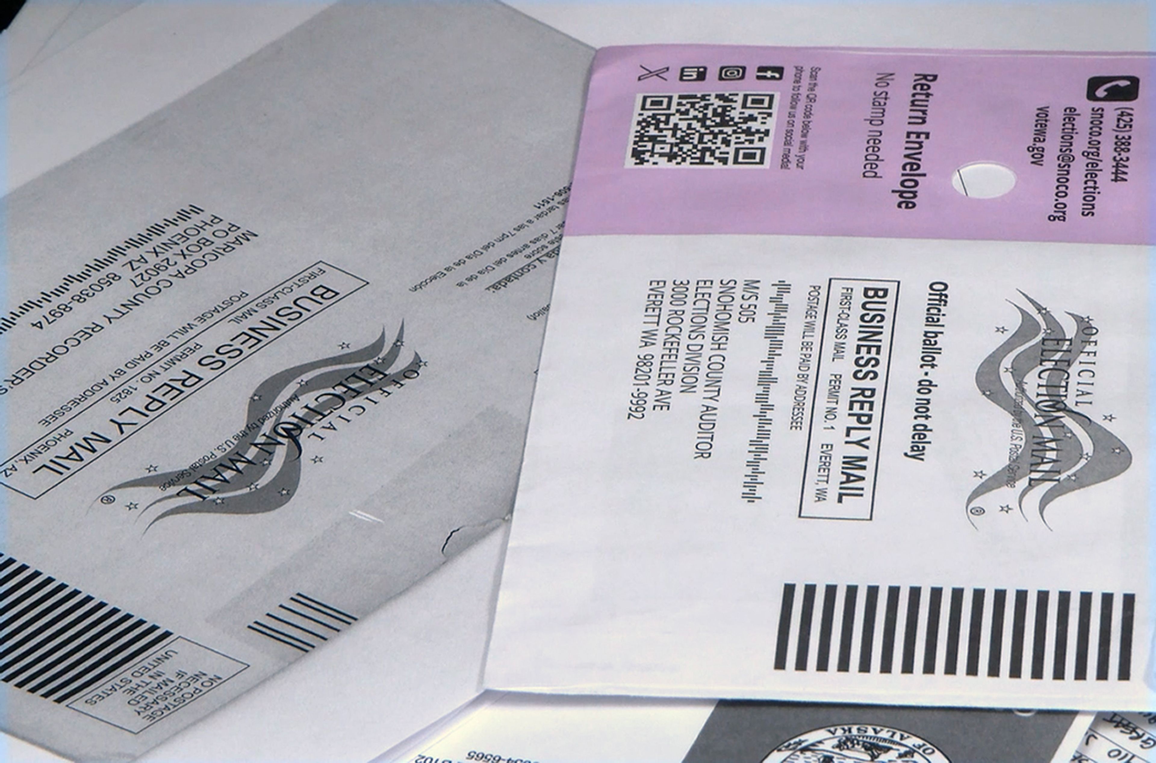 Out-of-state ballots that the U.S. Postal Service delivered to the Cascade County elections office in Great Falls, Mont., are seen on Nov. 7, 2024 (Joee Taylor/NonStop Local)