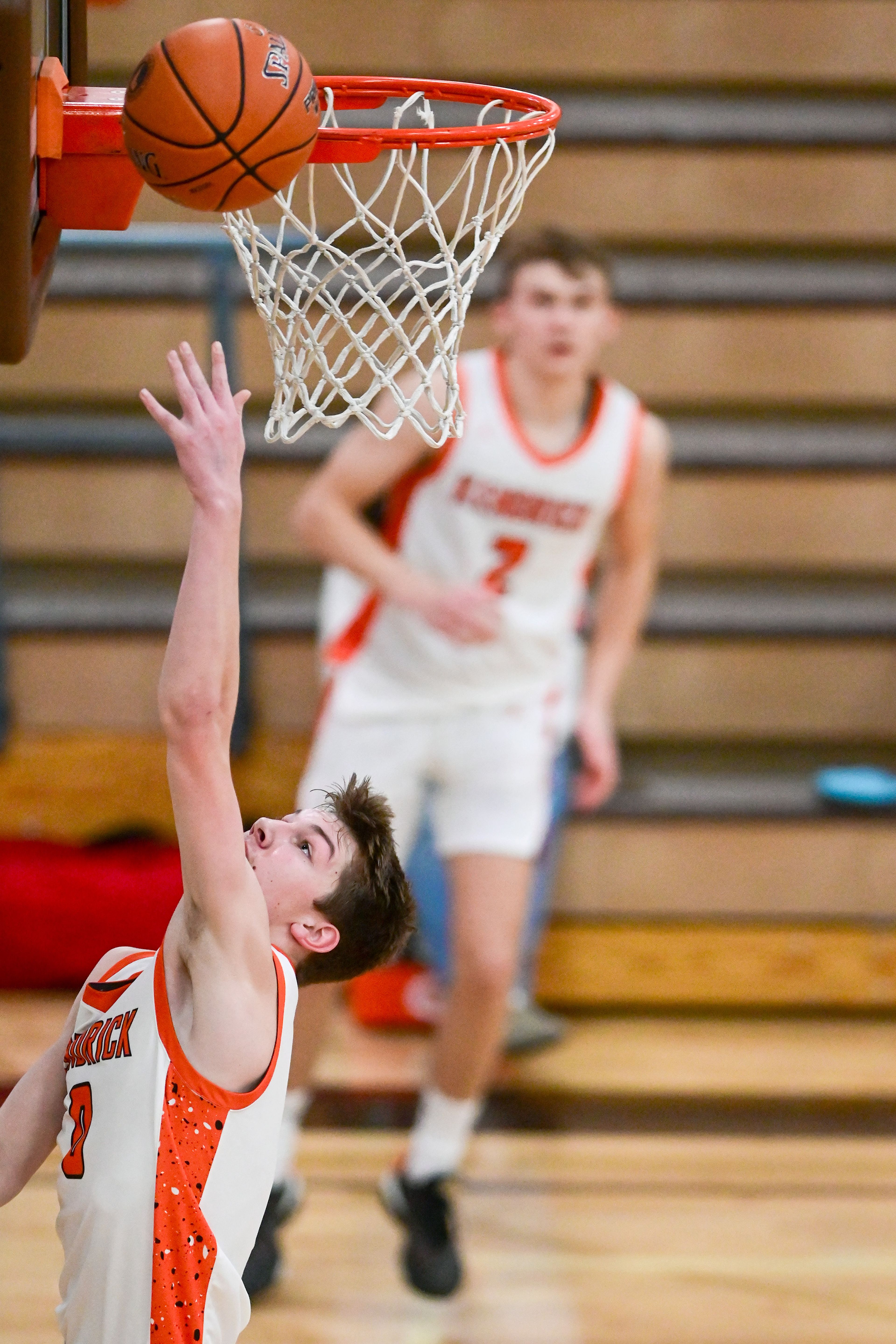 Kendrick's Maddox Kirkland jumps for a two-point shot against Grace at the Idaho 2A state tournament on Friday in Caldwell, Idaho.