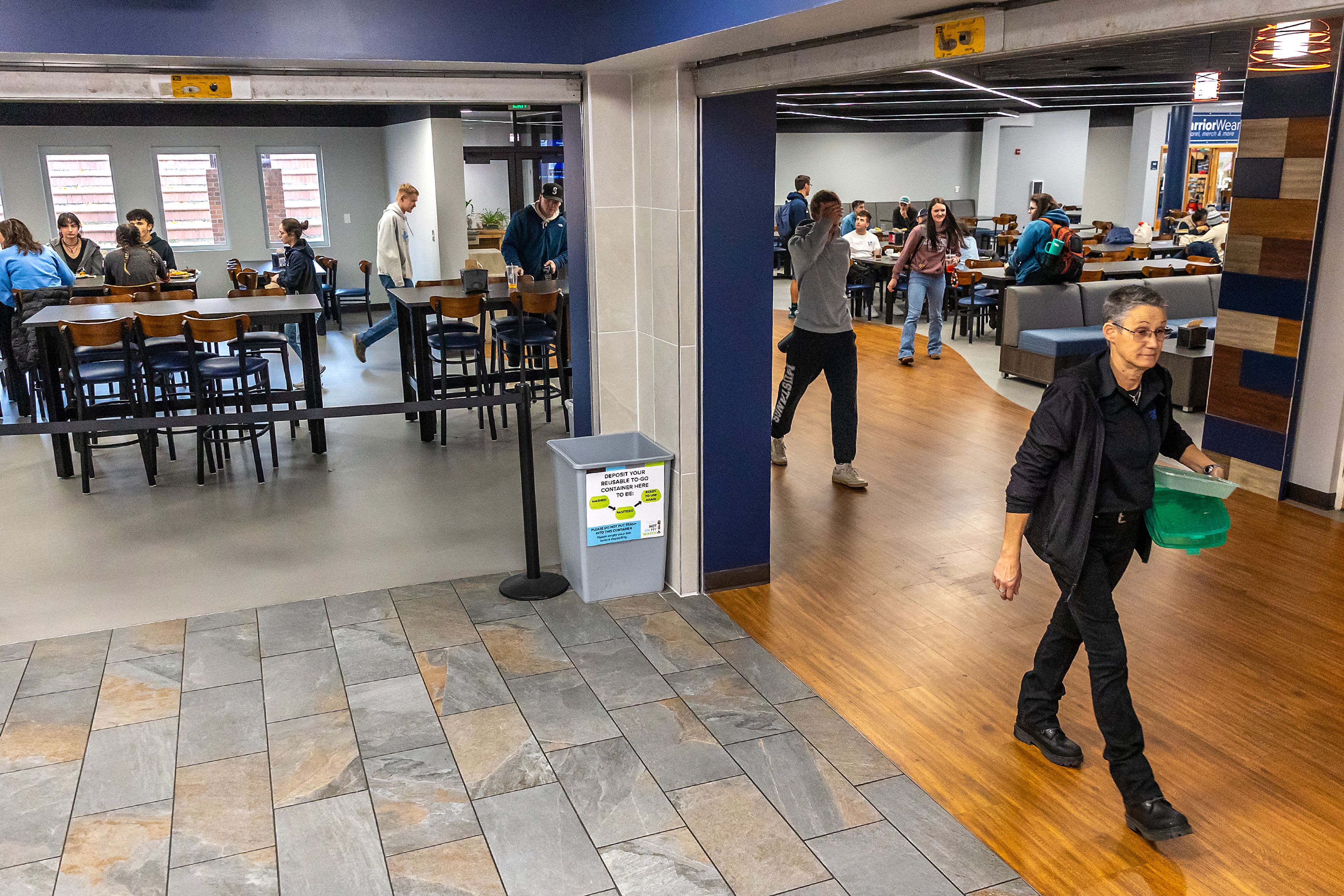 The exit from the lunch room in the newly renovated Student Union Building features a more open design Wednesday in Lewiston.