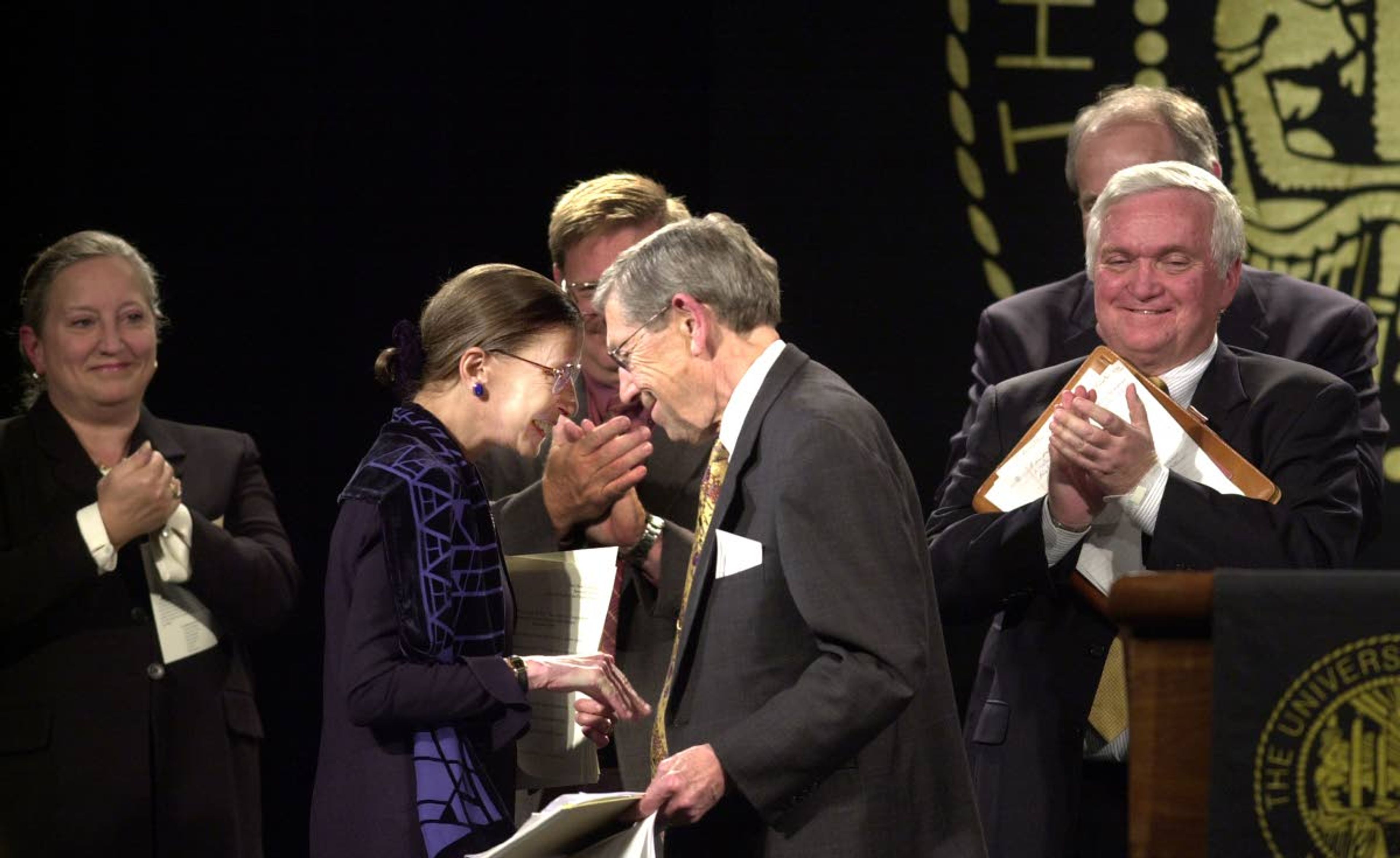 Boise attorney Allen Derr shares a moment with U.S. Supreme Court Justice and friend, Ruth Bader Ginsburg, after introducing her at the University of Idaho in Moscow on Thursday. Justice Ginsburg delivered the College of Law’s Bellwood Lecture.