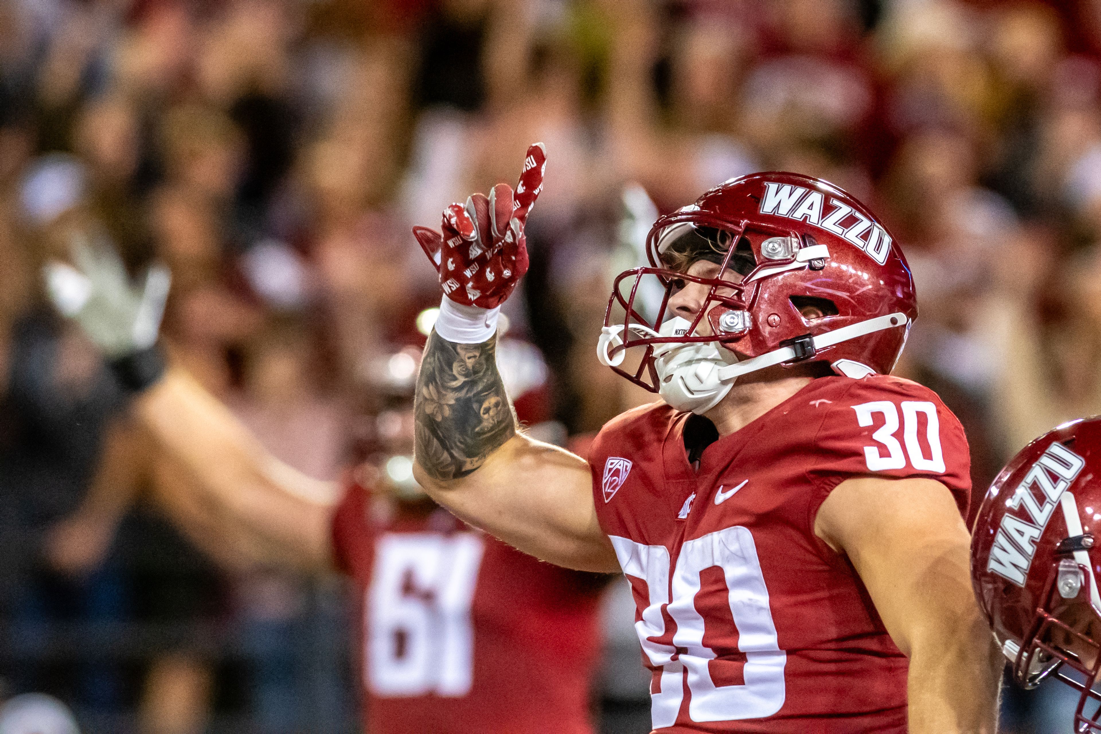 Washington State running back Dylan Paine celebrates a touchdown in overtime against San Jose State during a game Sept. 20 at Gesa Field in Pullman.