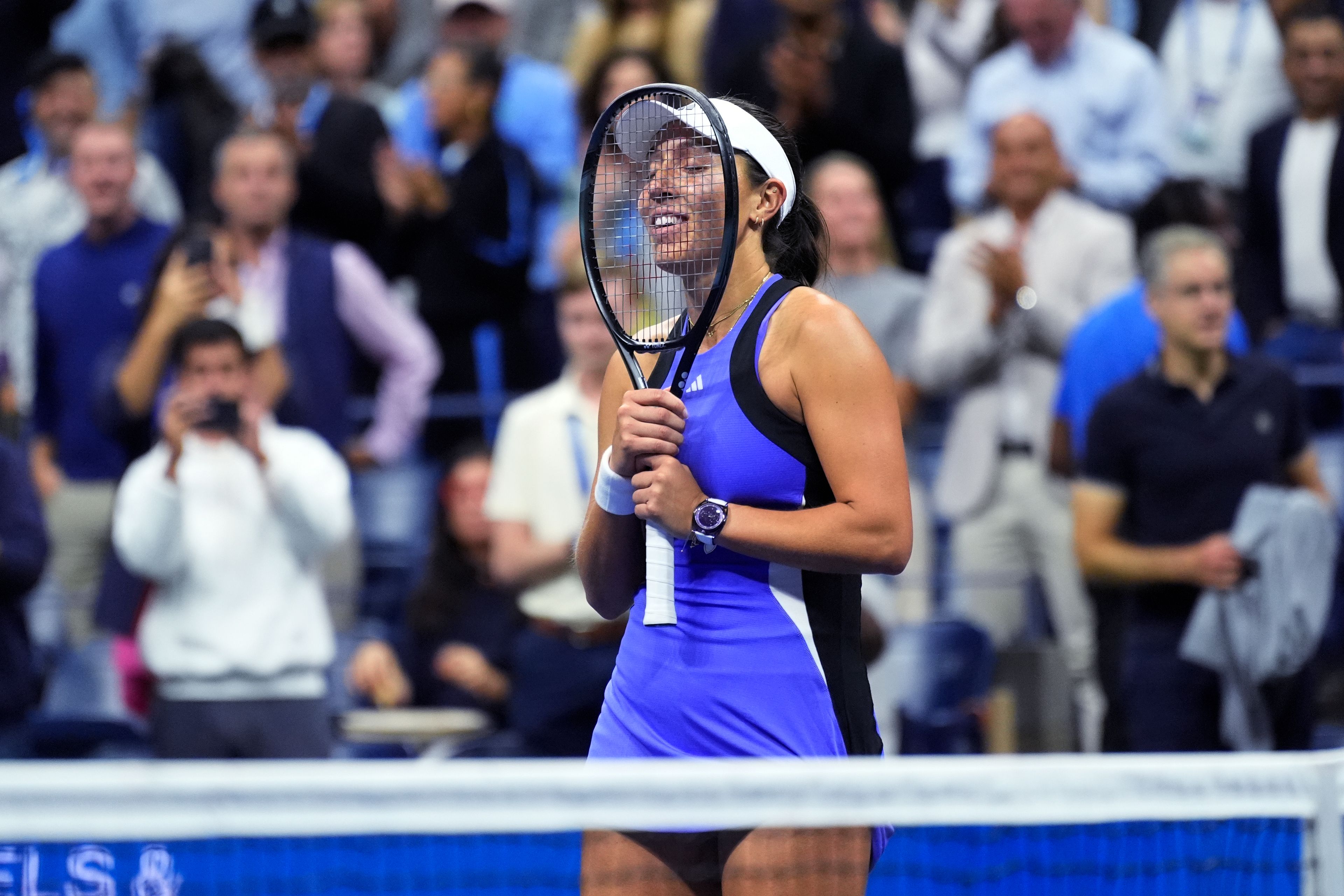 Jessica Pegula, of the United States, reacts after defeating Iga Świątek, of Poland, during the quarterfinals of the U.S. Open tennis championships, Wednesday, Sept. 4, 2024, in New York.