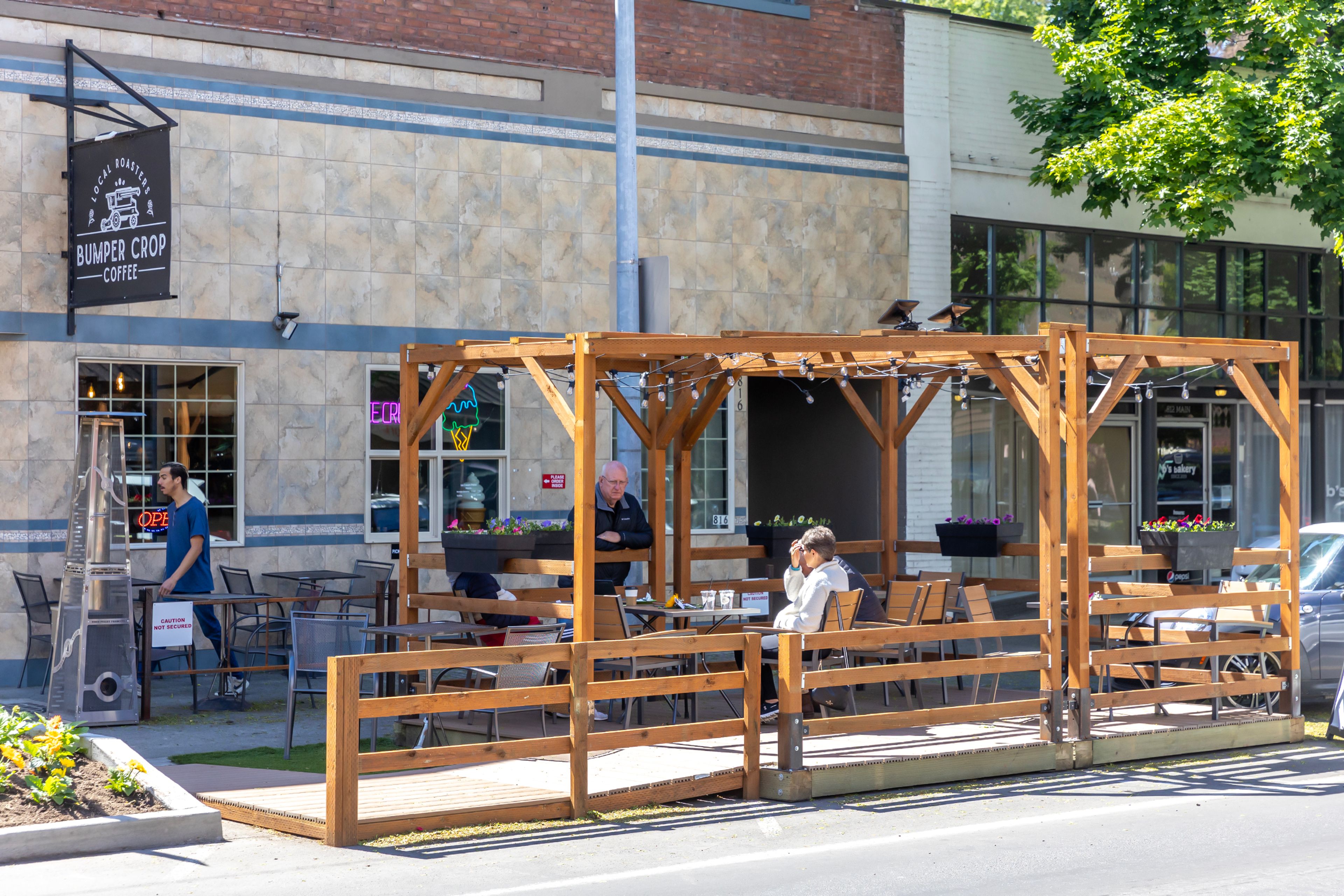 Lewiston’s first parklet sits outside Bumper Crop Coffee Wednesday in downtown Lewiston.