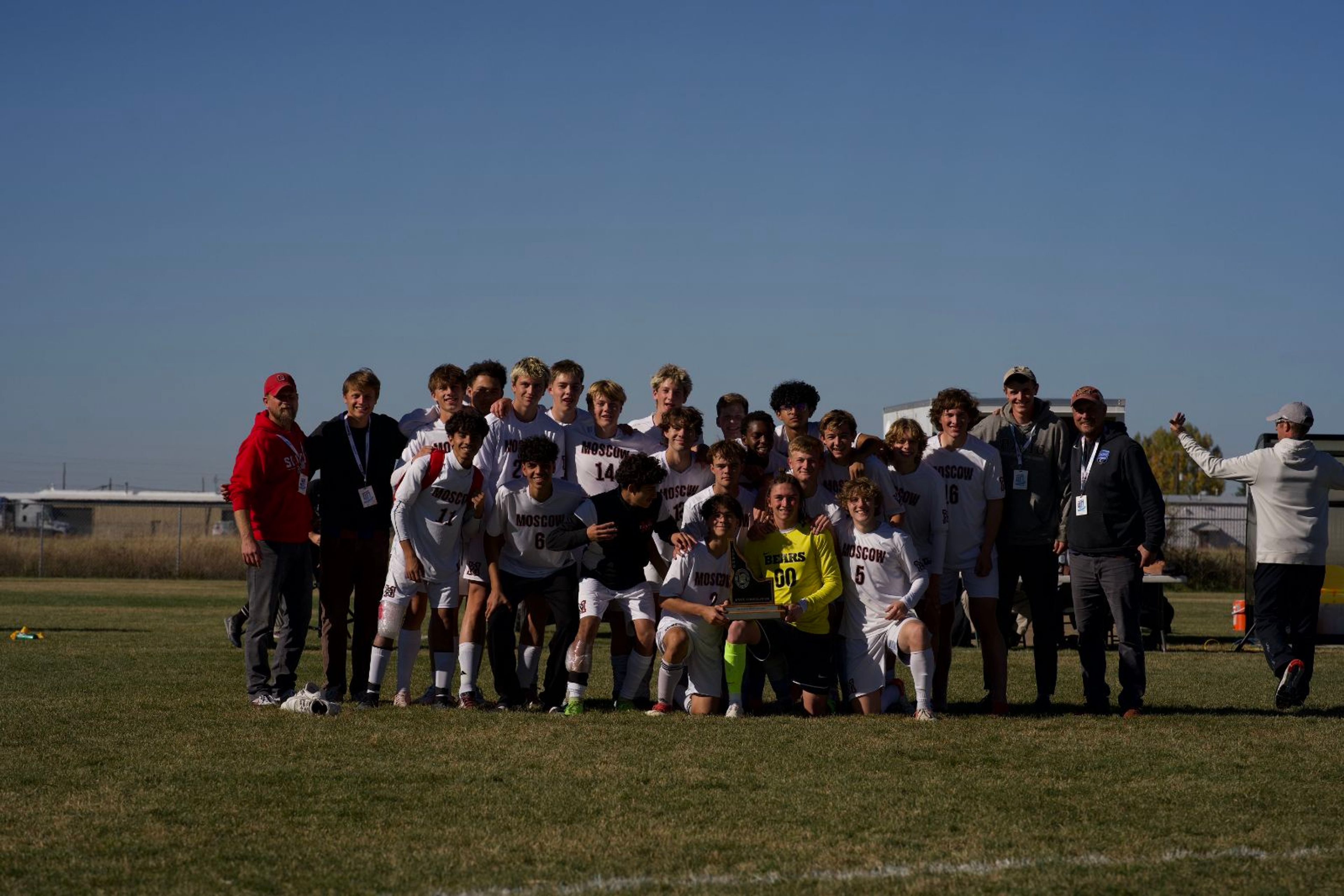 The Moscow boys soccer team poses with the Idaho 5A state consolation trophy after defeating Century of Pocatello on Oct. 26 at Bonneville High School in Idaho Falls. Four Bears — Bryant Scruggs, Wyatt Thornycroft, Ty Kindelspire and Jeremiah Balemba — were recently named to the 5A Inland Empire League all-league team for this season.