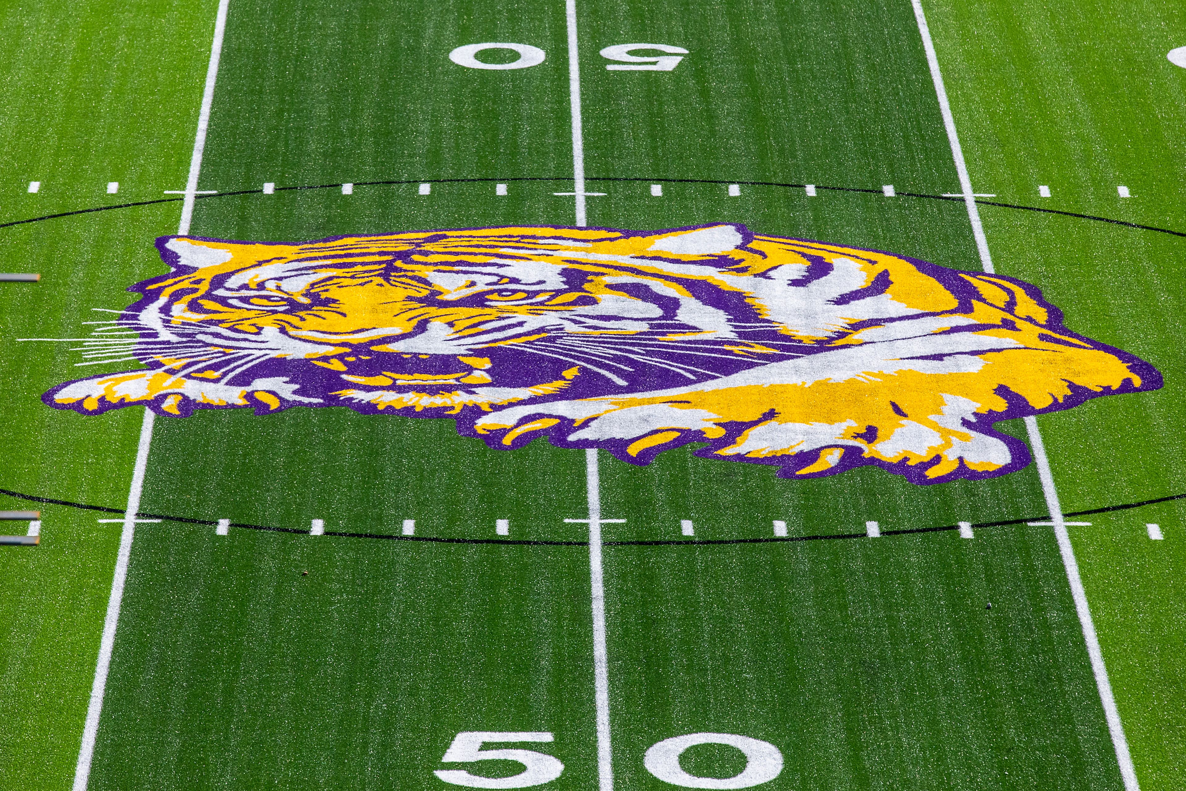 The Bengal logo at the center of Lewiston High School’s new football field is pictured Thursday in Lewiston.