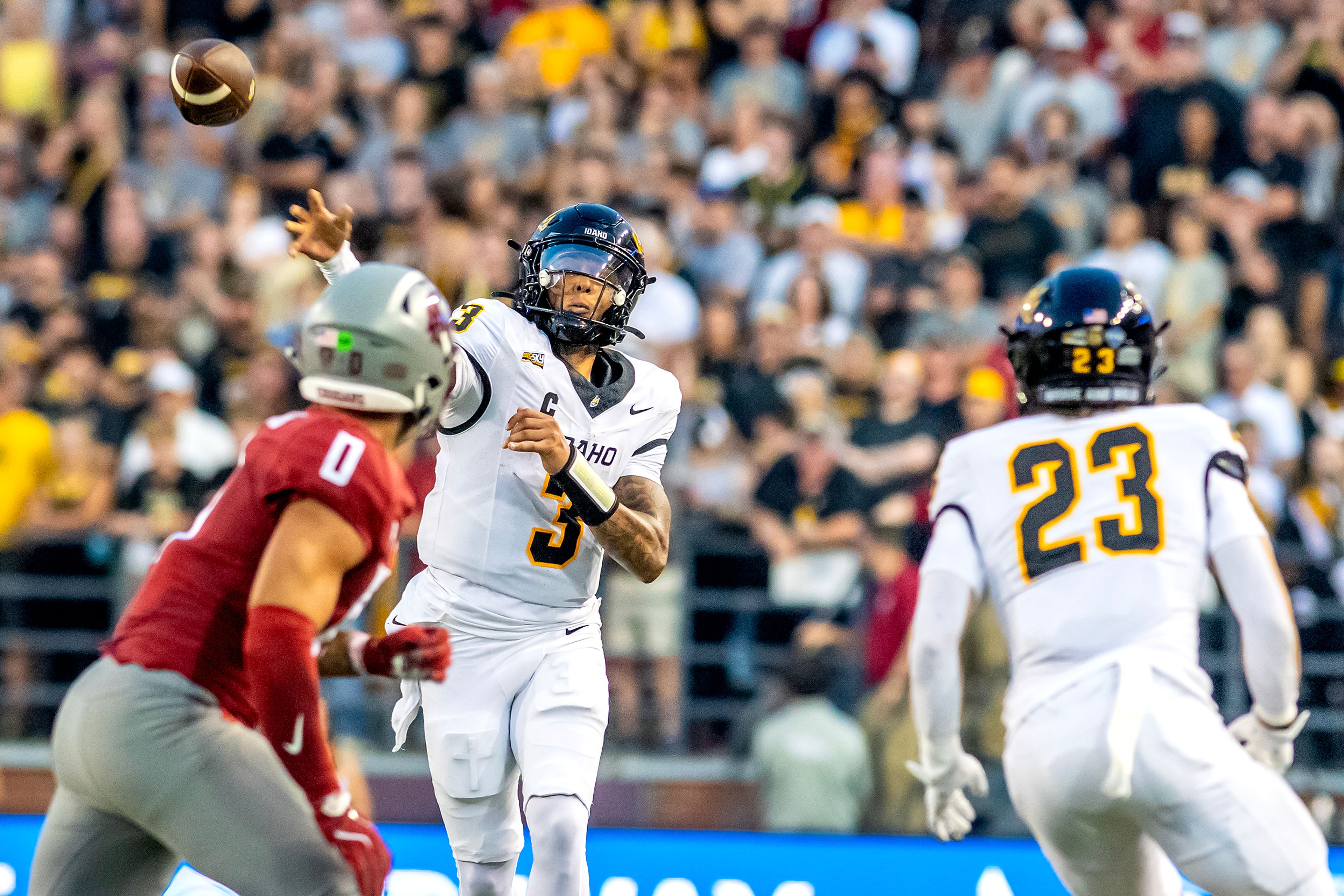 Idaho quarterback Joshua Wood (3) throws a pass against Washington State during the Battle of the Palouse football game Aug. 30 at Gesa Field in Pullman.