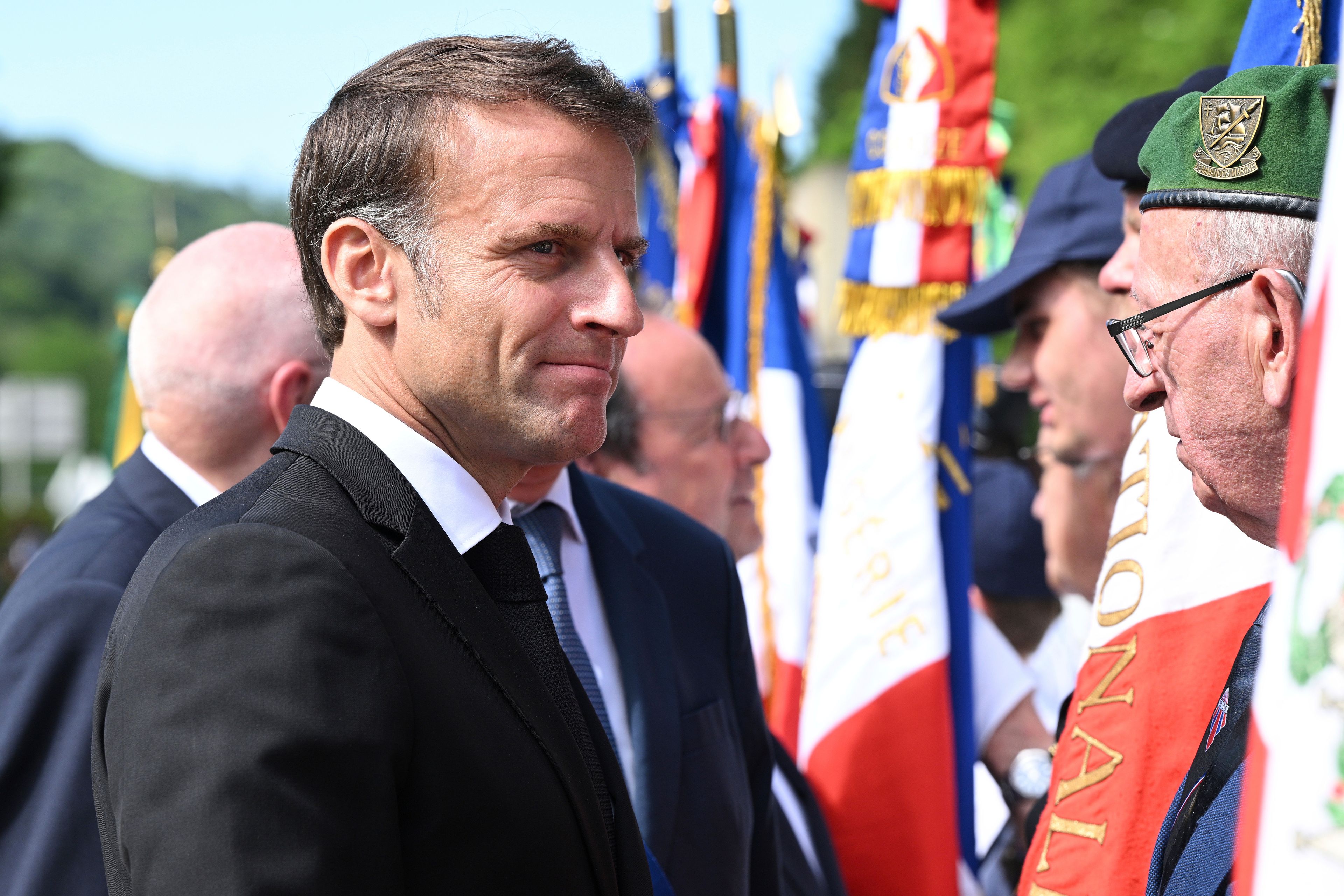 French President Emmanuel Macron attends a memorial ceremony in Tulle, central France, Monday, June 10, 2024, where 99 civilians were hanged by a Nazi commando on June 9 1944. President Emmanuel Macron dissolved the lower house of France's parliament in a surprise announcement sending voters back to the polls in the coming weeks to choose lawmakers, after his party was handed a humbling defeat by the far-right in the European elections Sunday.