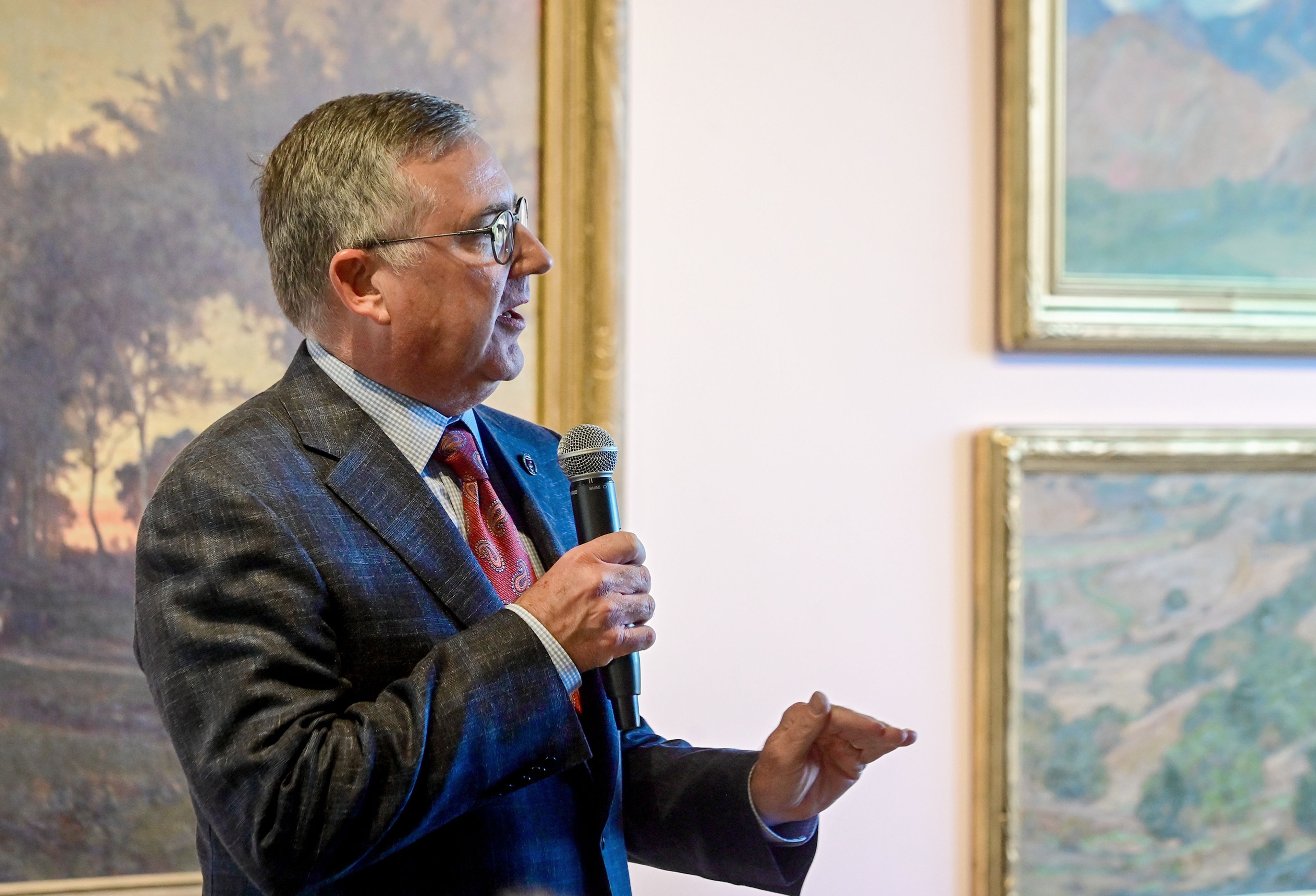 Washington State University President Kirk Schulz speaks during a reception and book release to celebrate 50 years since the art museums inception Thursday at the Jordan Schnitzer Museum of Art at WSU in Pullman.,