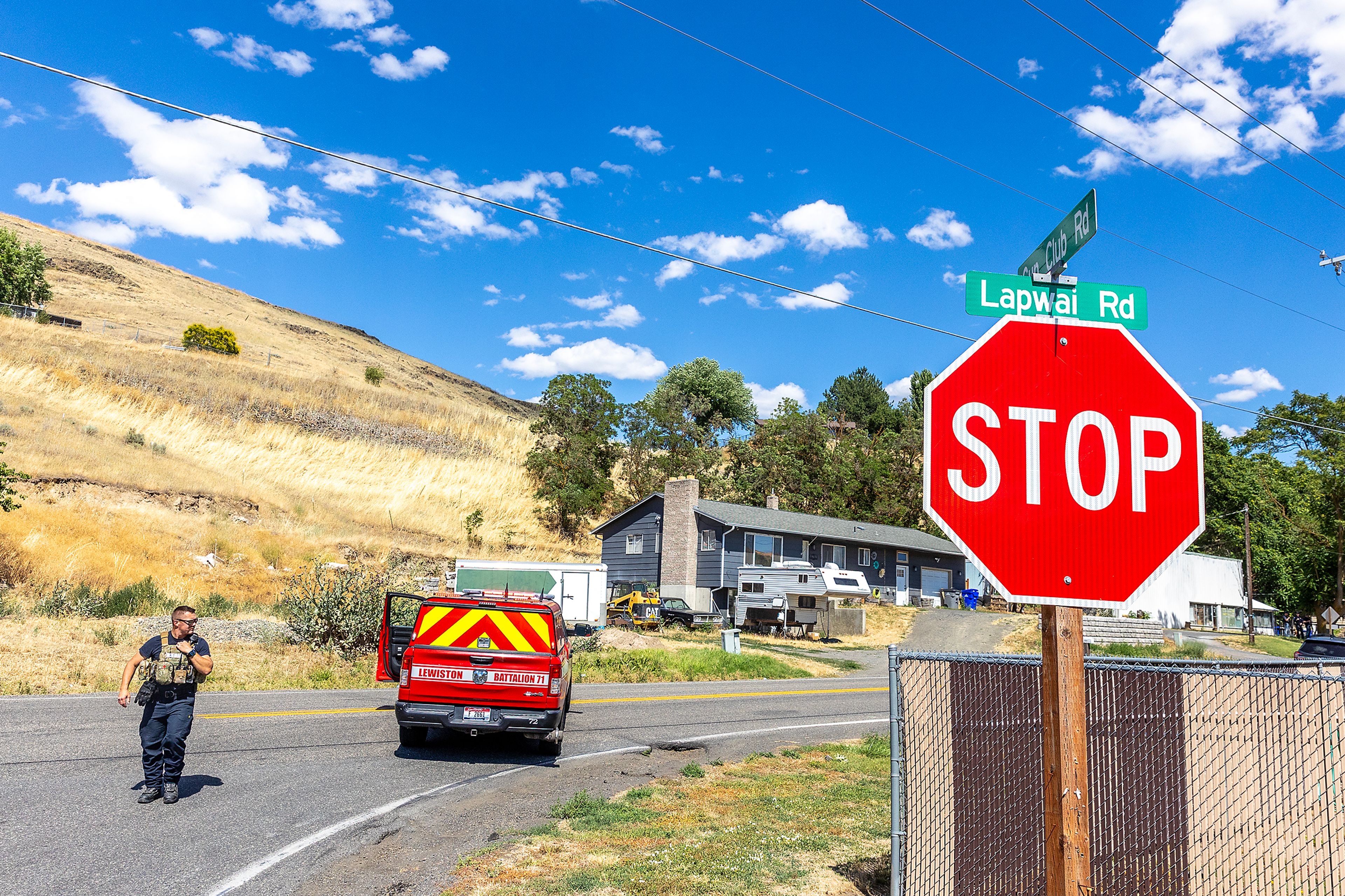 Traffic sits blocked at the intersection of Lapwai Road and Gun Club Road Tuesday in Lewiston.