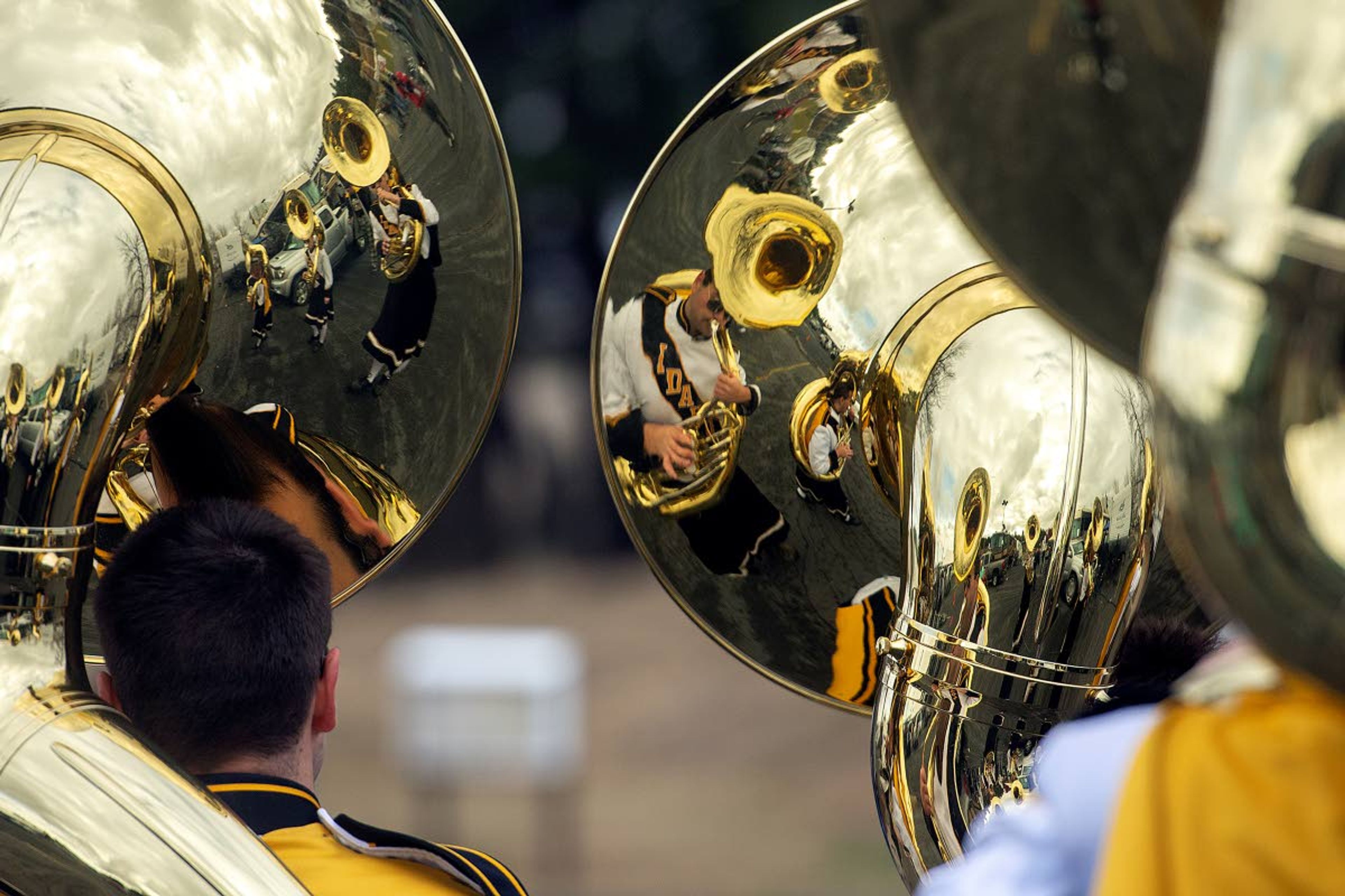 The marauding Vandal sousaphone players are seen in the reflection on their instruments as they travel around the Idaho tailgate parties prior to kick off on Saturday, Nov. 3.