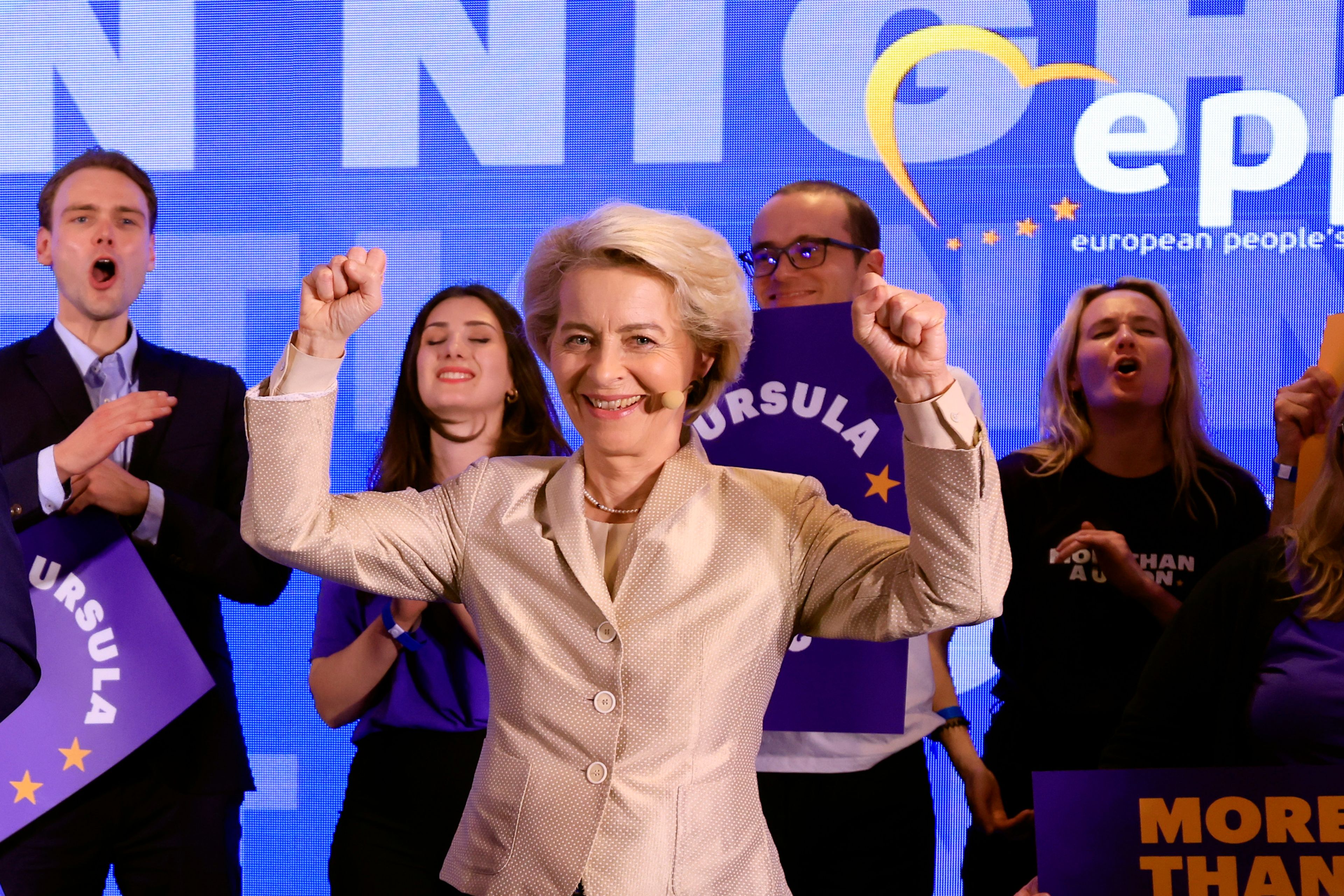 Lead candidate for the European Commission, current European Commission President Ursula von der Leyen poses during an event at the European People's Party headquarters in Brussels, Sunday, June 9, 2024. Polling stations opened across Europe on Sunday as voters from 20 countries cast ballots in elections that are expected to shift the European Union's parliament to the right and could reshape the future direction of the world's biggest trading bloc.