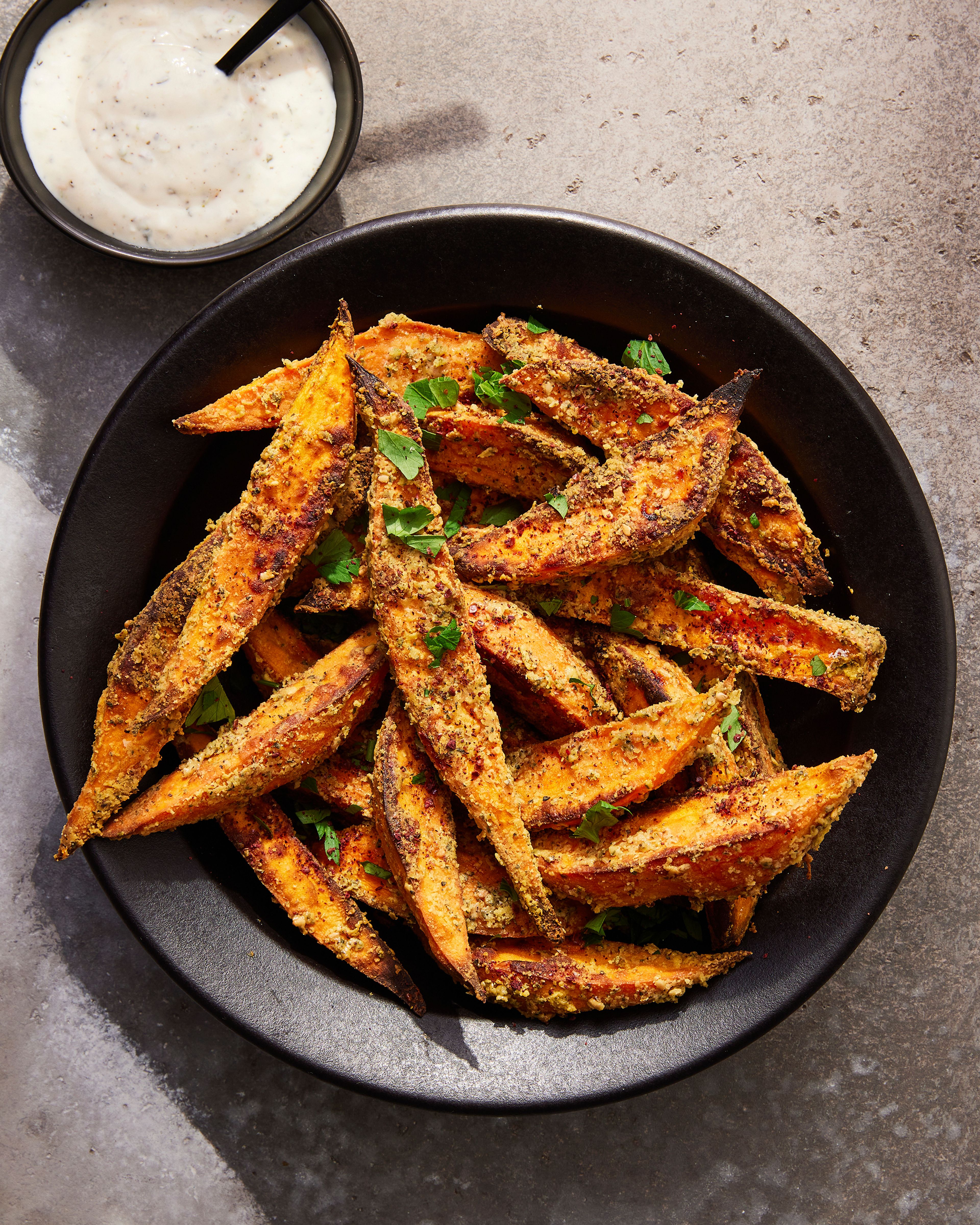 Tahini-roasted sweet potatoes with za’atar.