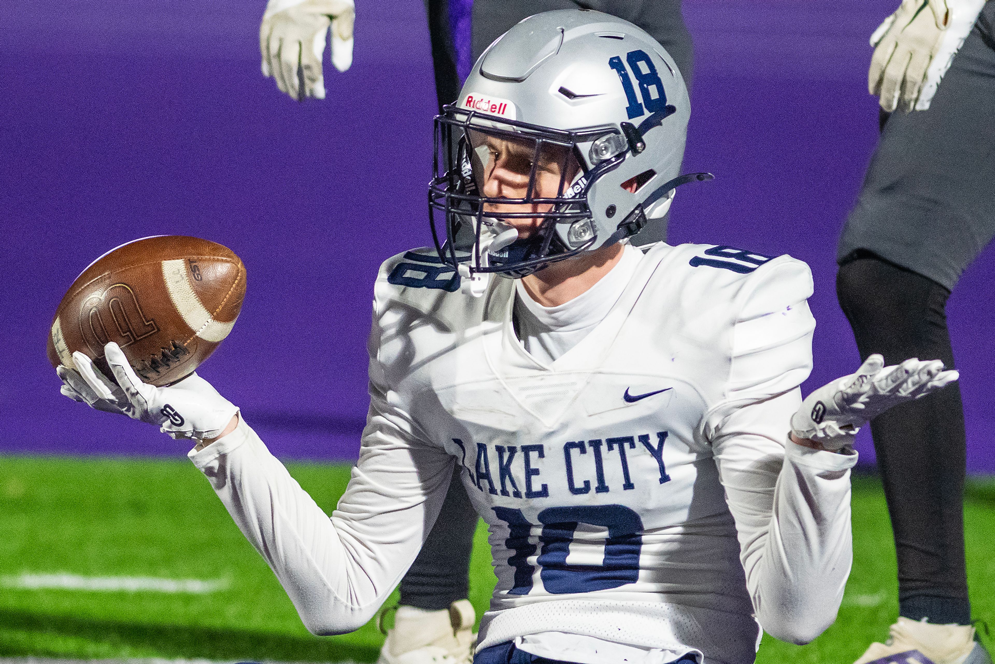 Lake City wide receiver Jacob Hills reacts after a touchdown against Lewiston in a nonconference game Friday at Lewiston High School.,