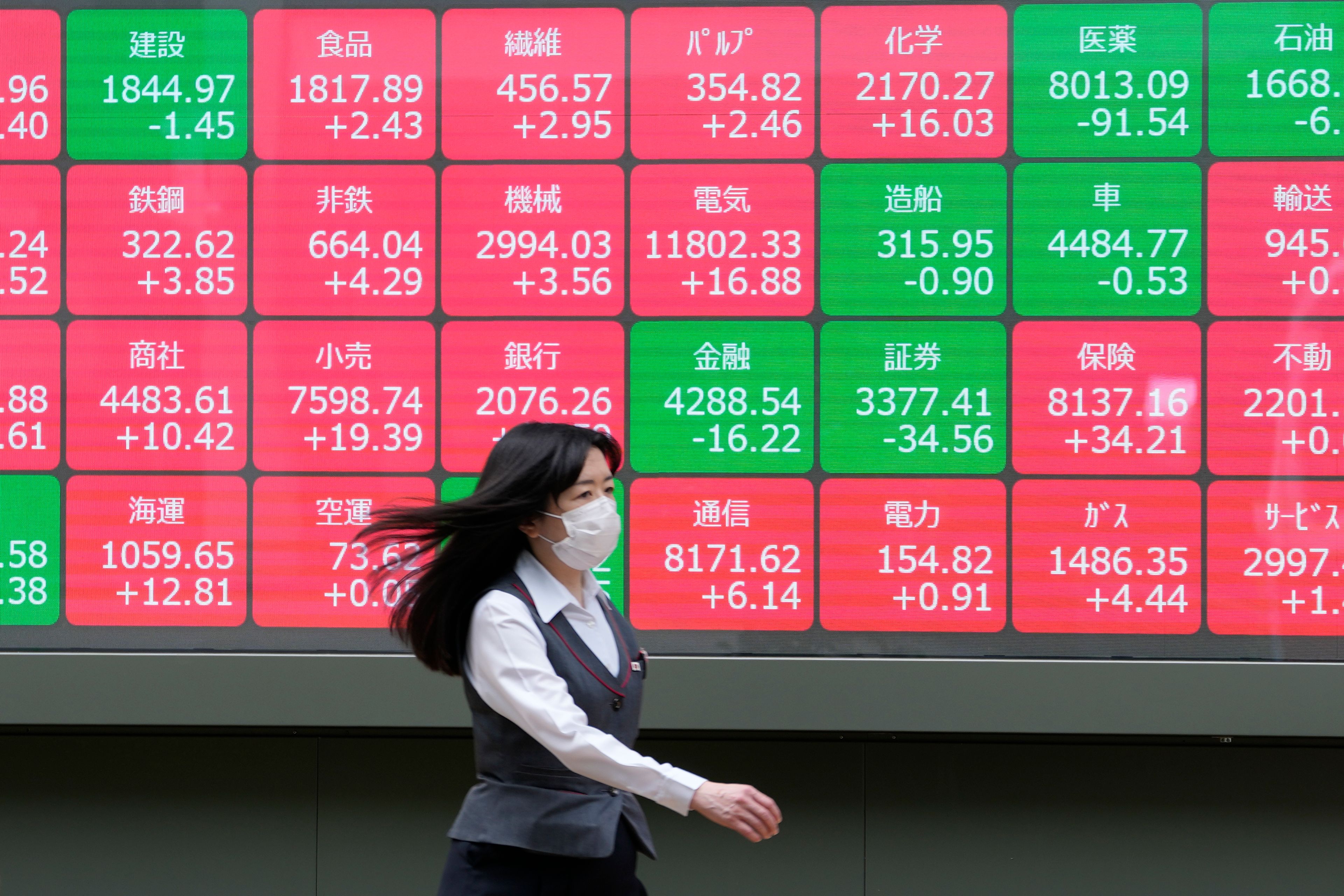 People walk past an electronic stock board showing the sectors' index of Japanese stocks outside a securities firm Friday, June 7, 2024 in Tokyo.