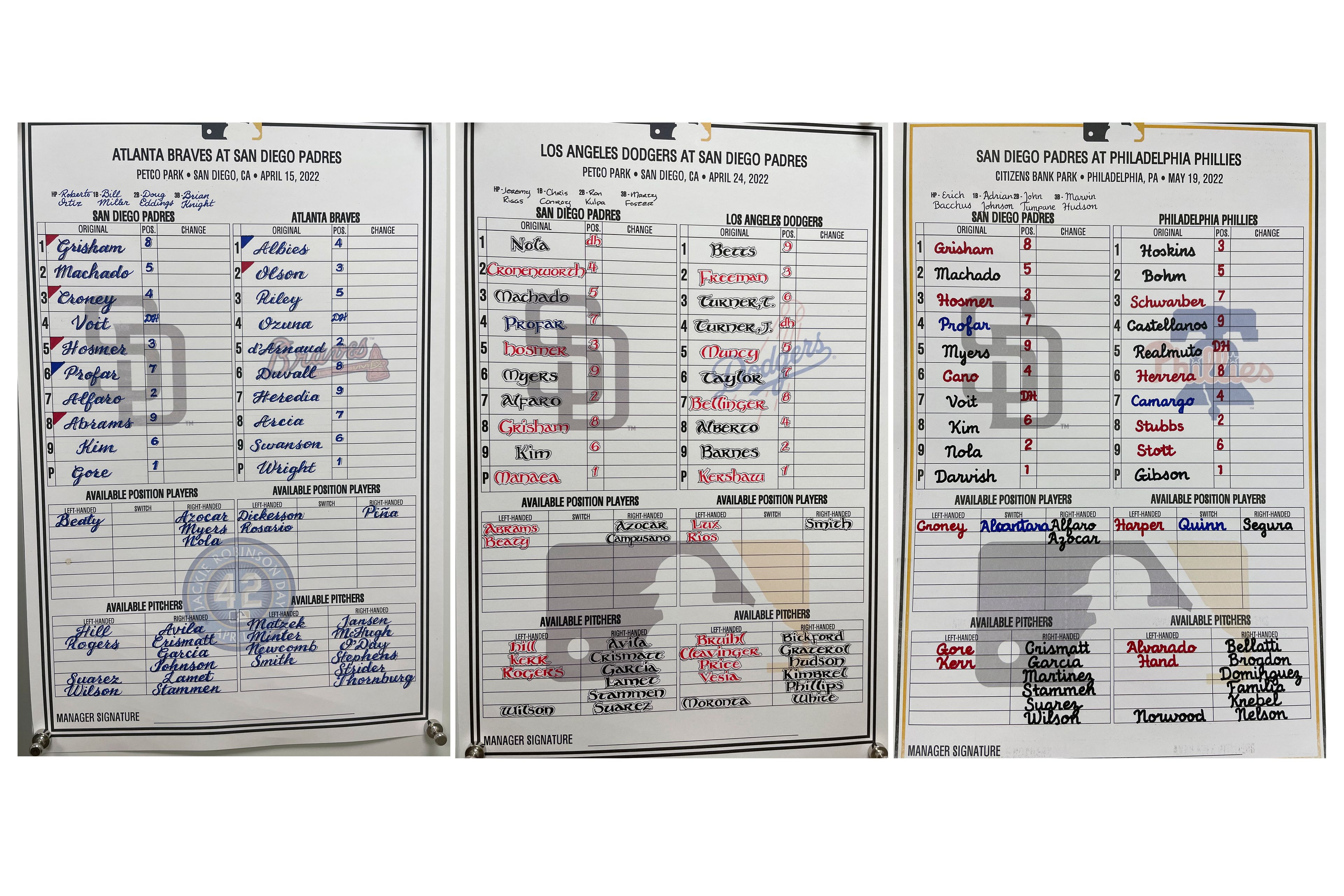 These images provided by San Francisco Giants coach Ryan Christenson show lineup cards from baseball games. Christenson has turned lineup cards into art. Players look forward to the handwriting on the wall as long as Christenson is in charge of penmanship.