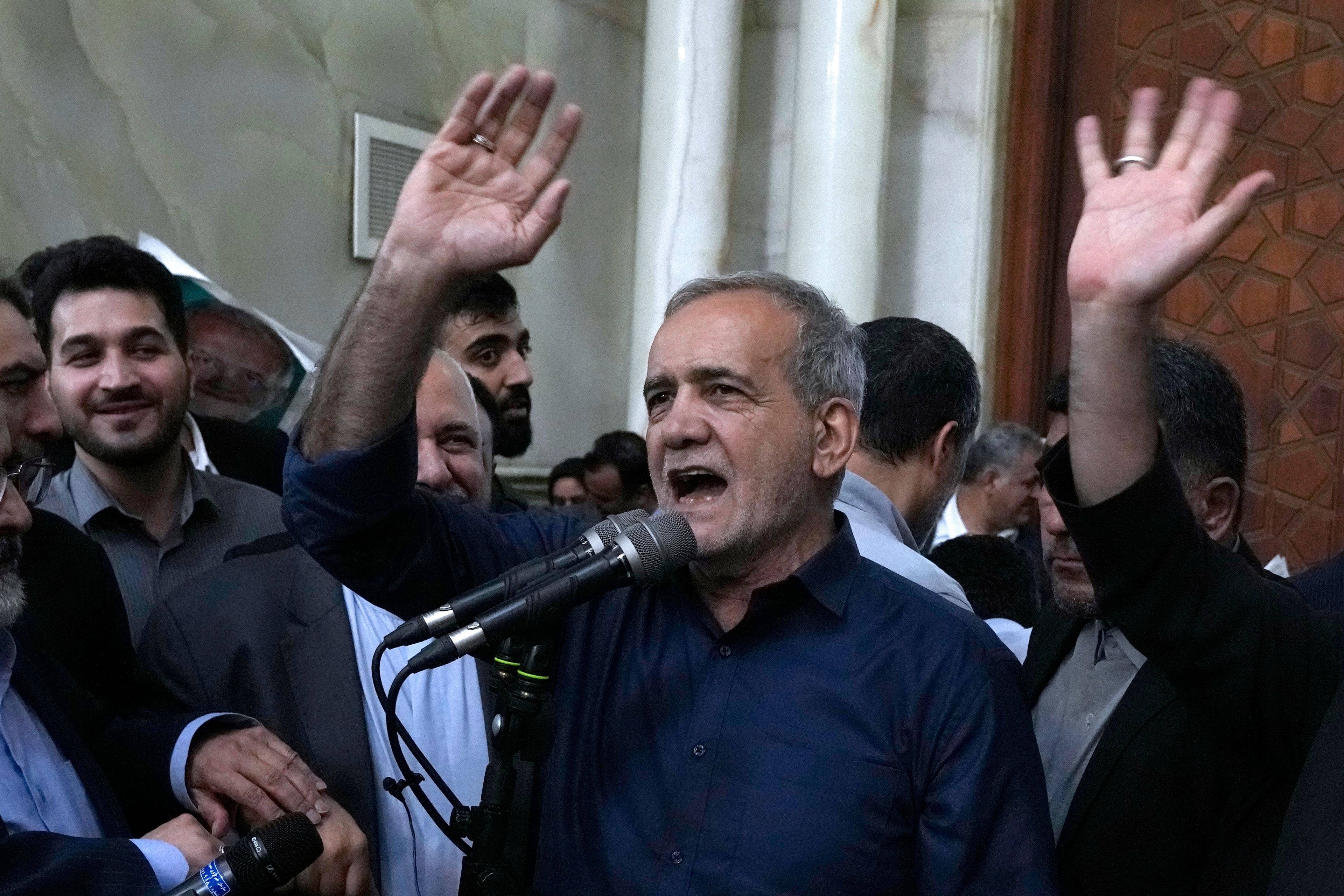 Iran's President-elect Masoud Pezeshkian speaks in a meeting a day after the presidential election, at the shrine of the late revolutionary founder Ayatollah Khomeini, just outside Tehran, Iran, Saturday, July 6, 2024. (AP Photo/Vahid Salemi)