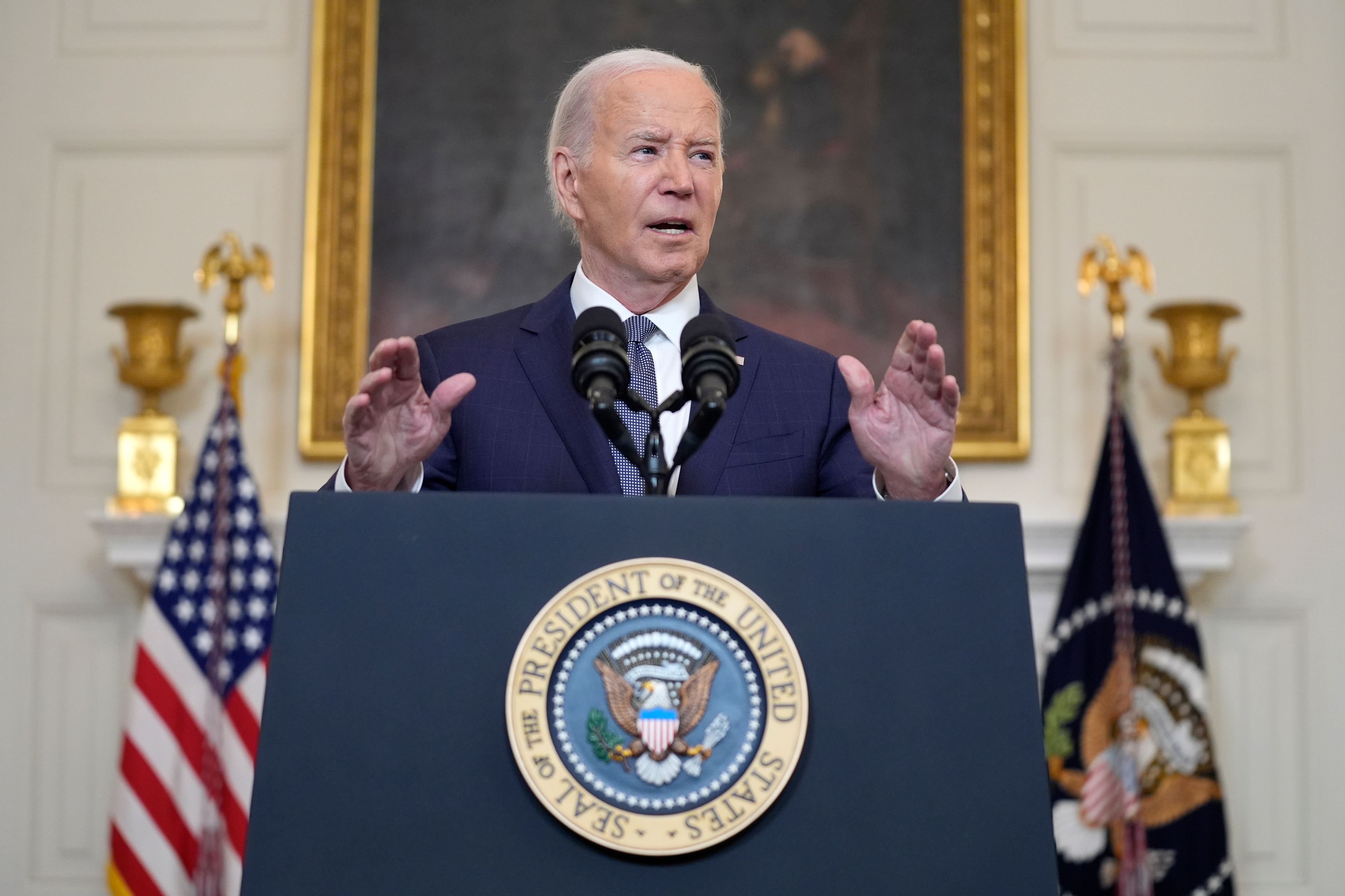 President Joe Biden delivers remarks on the verdict in former President Donald Trump's hush money trial and on the Middle East, from the State Dining Room of the White House, Friday, May 31, 2024, in Washington. (AP Photo/Evan Vucci)