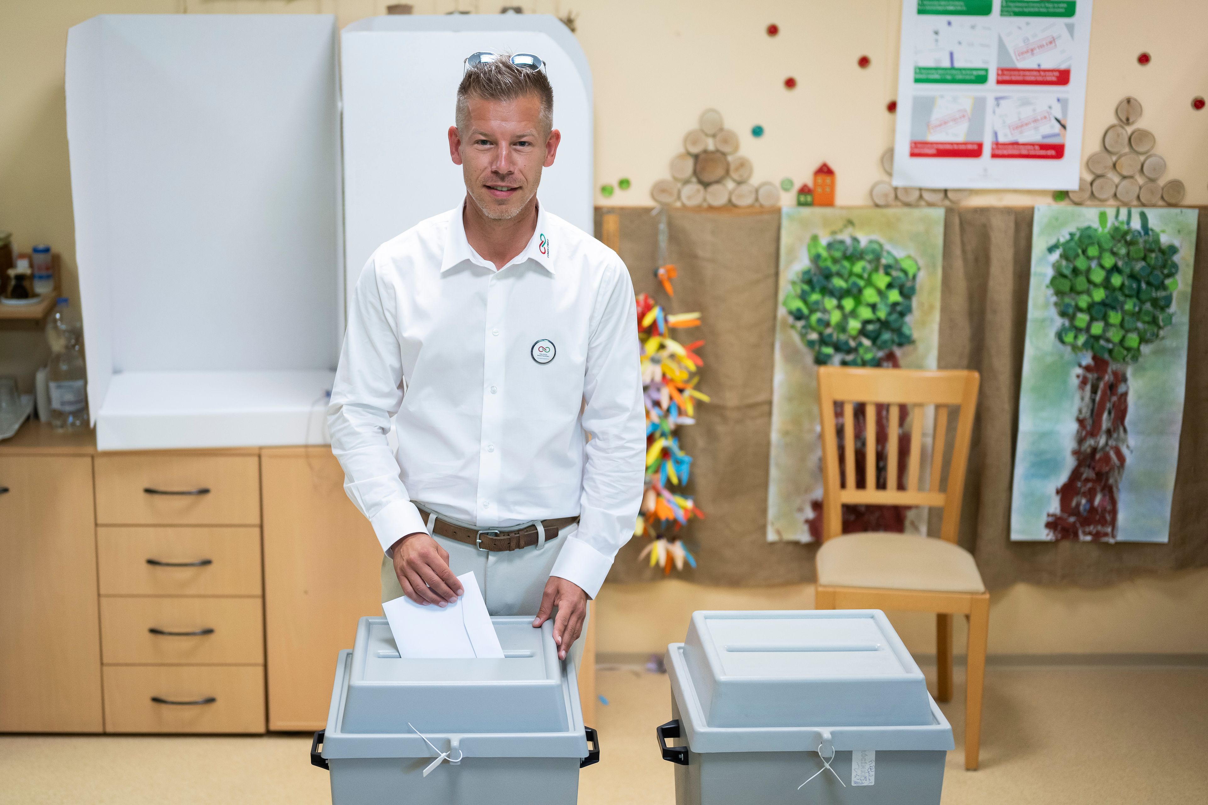 Political newcomer Péter Magyar casts his ballot, at a polling station during European Parliamentary elections in Budapest, Hungary, Sunday, June 9, 2024. Polling stations have opened across Europe as voters from 20 countries cast ballots in elections that are expected to shift the European Union’s parliament to the right and could reshape the future direction of the world’s biggest trading bloc.