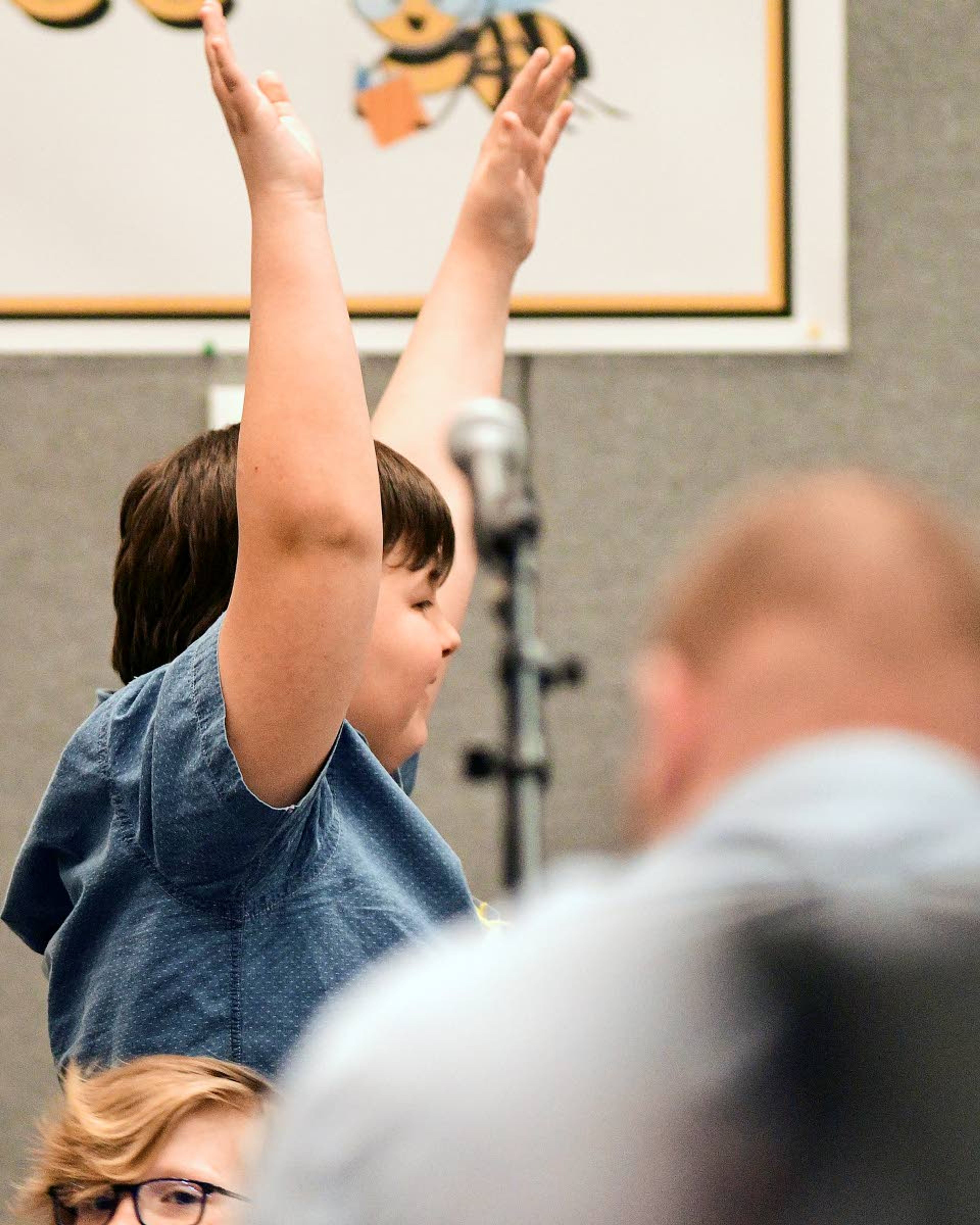 Kiernan Thurston, a sixth grader a Moscow Middle School, celebrates after correctly spelling a word during the 34th Annual Inland Northwest Regional Spelling Bee on Saturday in Lewiston. Thurston finished the competition in third place.