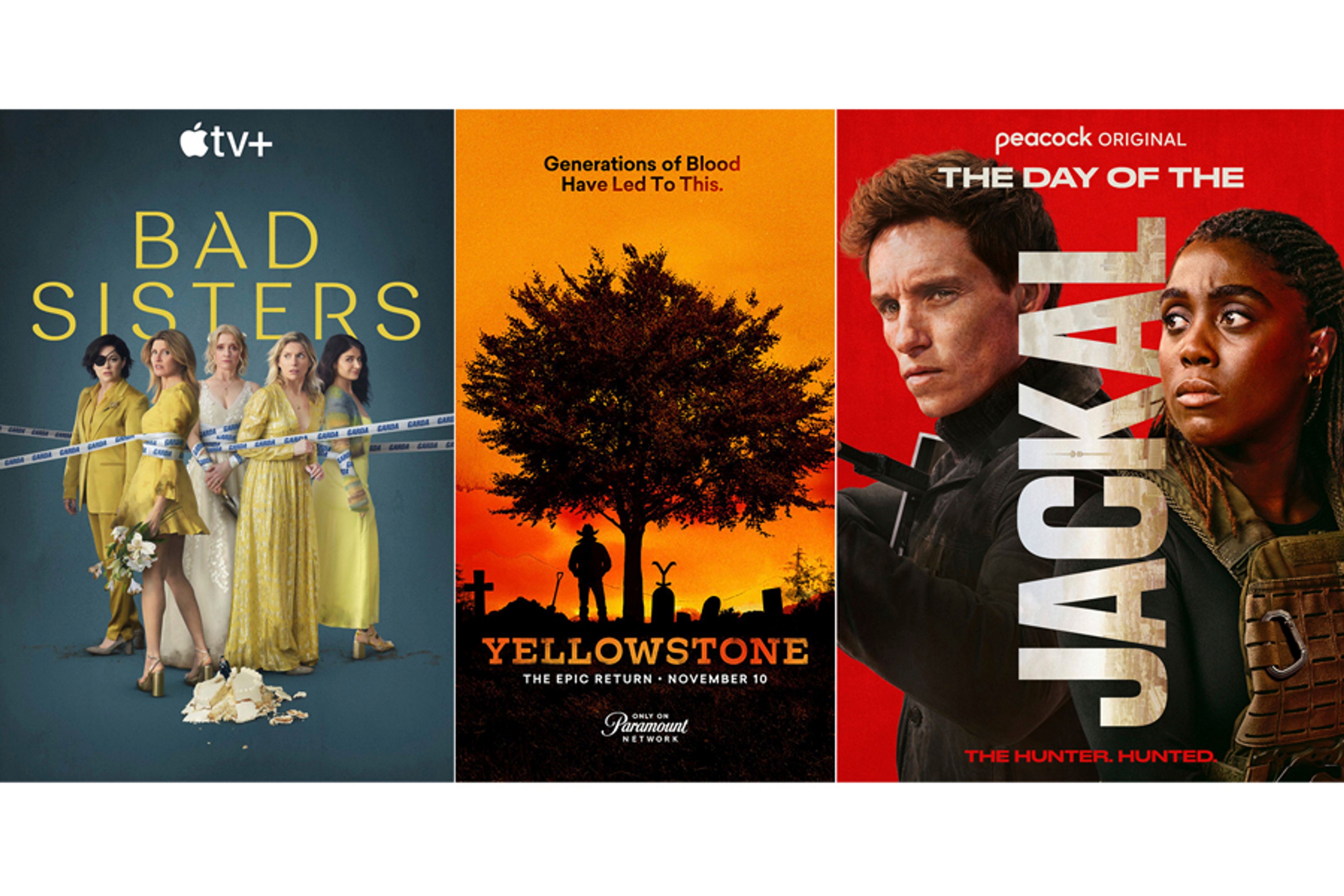 This combination of images show promotional art, from left, for "Bad "Sisters," "Yellowstone" and "The "Day of the Jackal". 