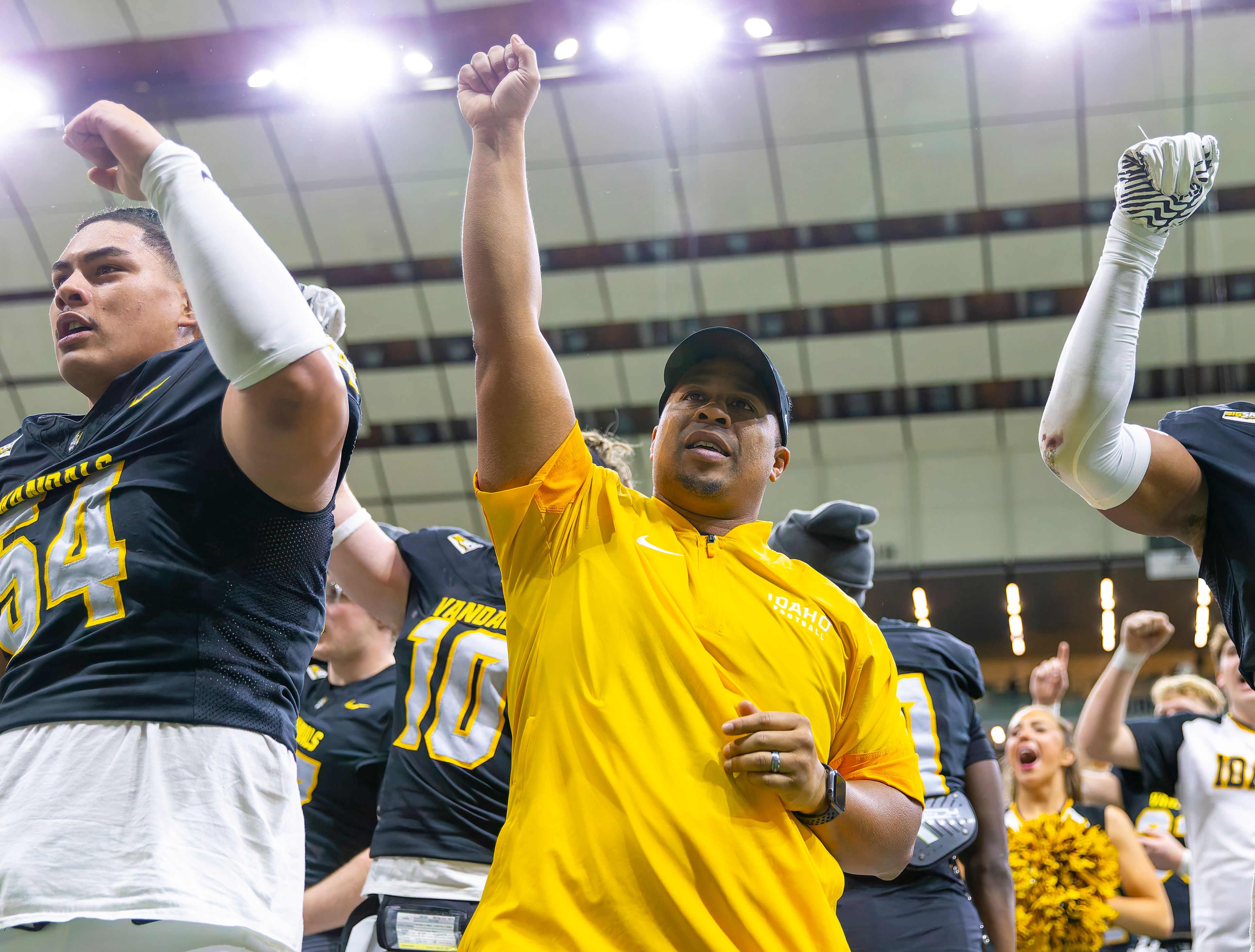 Idaho coach Thomas Ford Jr. sings his team’s fight song after defeating the Portland State Vikings in the Kibbie Dome on Oct. 25 in Moscow.