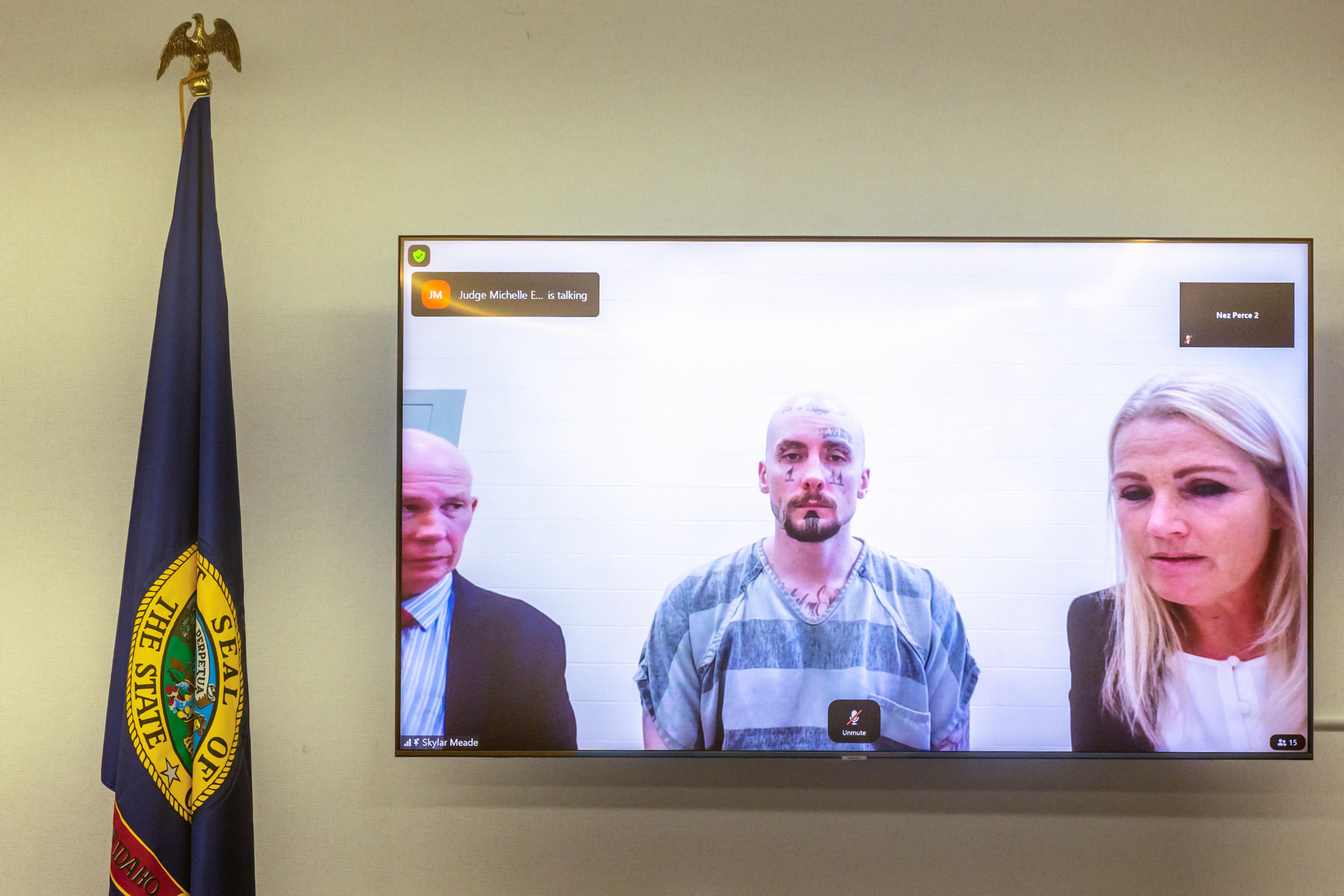 Skylar Meade appears via Zoom with his attorneys Rick Cuddihy, left, and Anne Taylor for his arraignment Thursday at the Nez Perce County Courthouse in Lewiston.