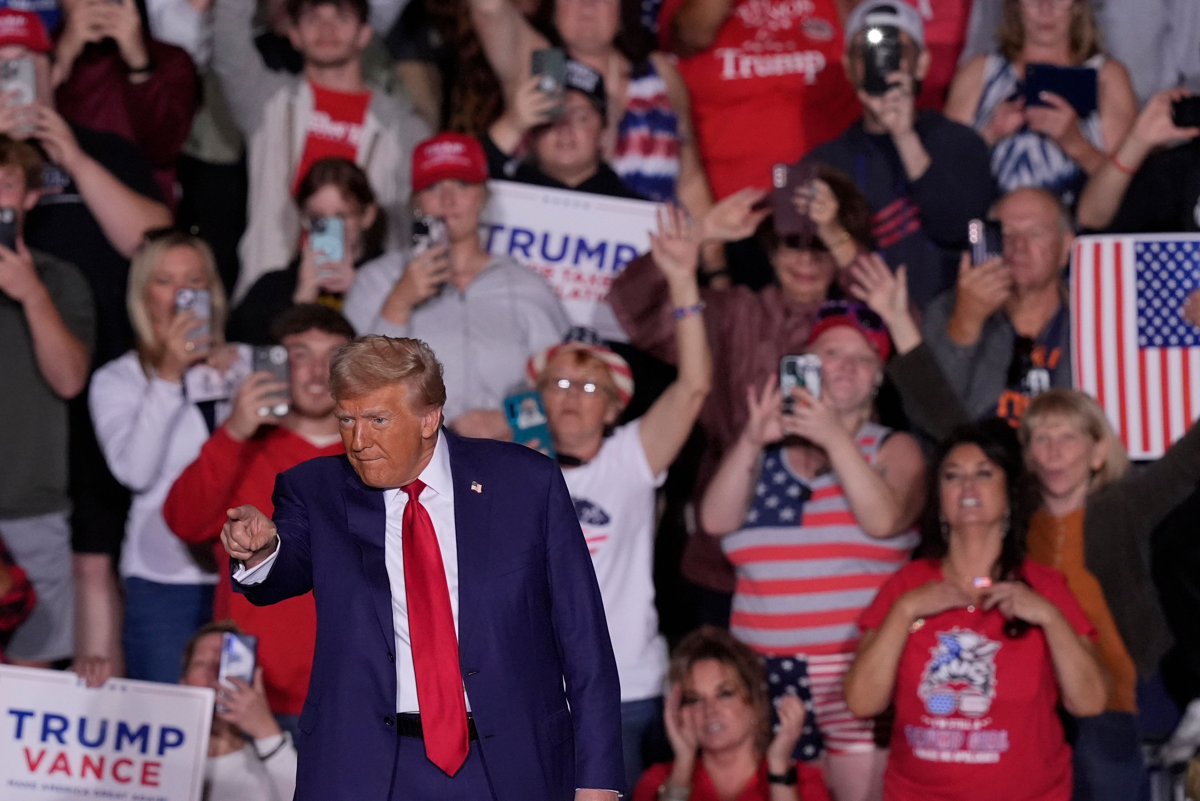 Republican presidential nominee former President Donald Trump arrives at a campaign event at the Ryder Center at Saginaw Valley State University, Thursday, Oct. 3, 2024, in University Center, Mich. (AP Photo/Carlos Osorio)