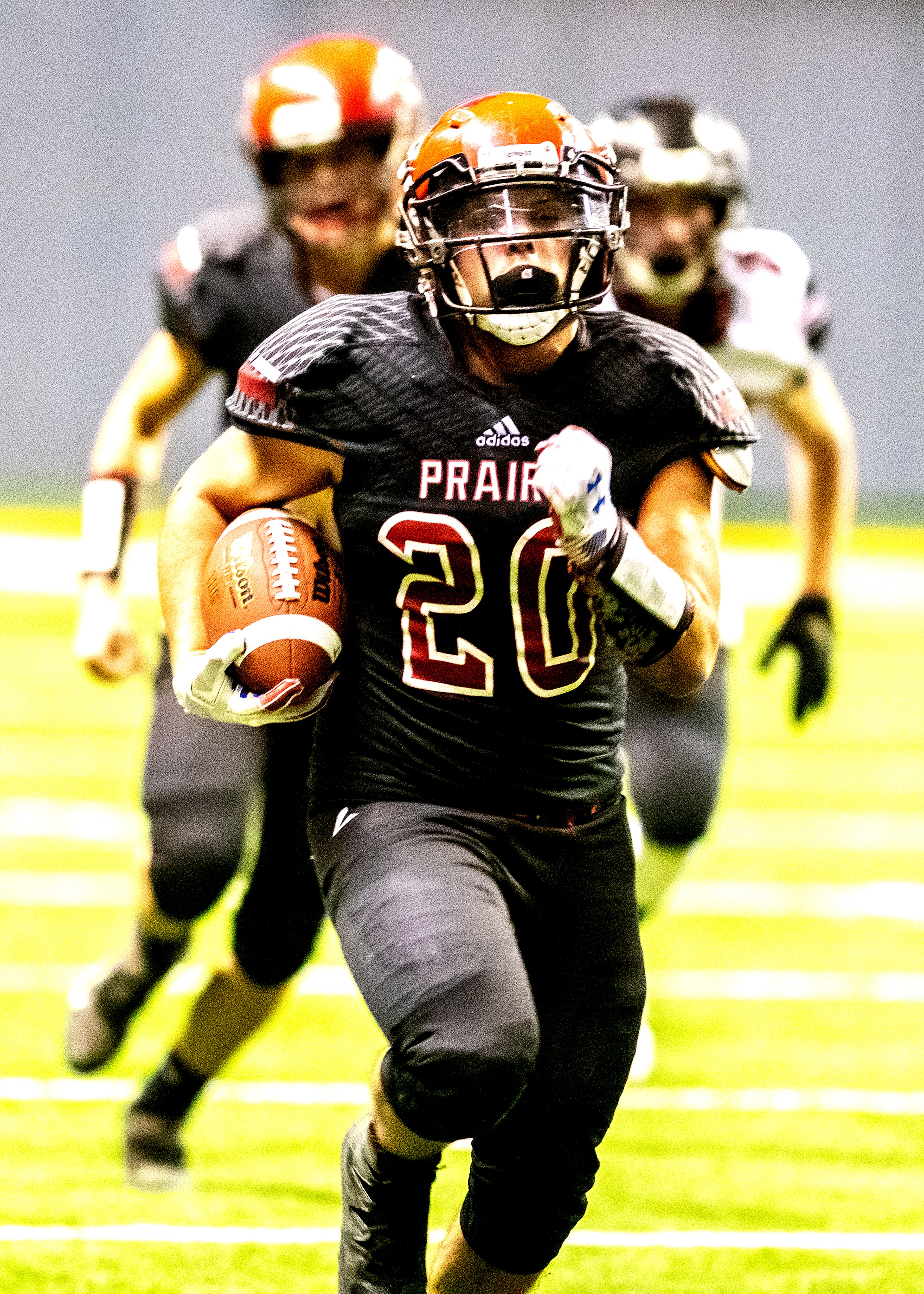 Prairie’s Brody Hasselstrom runs the ball downfield for a touch down. The Prairie Pirates lost to the Oakley Hornets 42-40 in the Class 1A Division O state semifinal football game at the Kibbie Dome in Moscow on Friday.