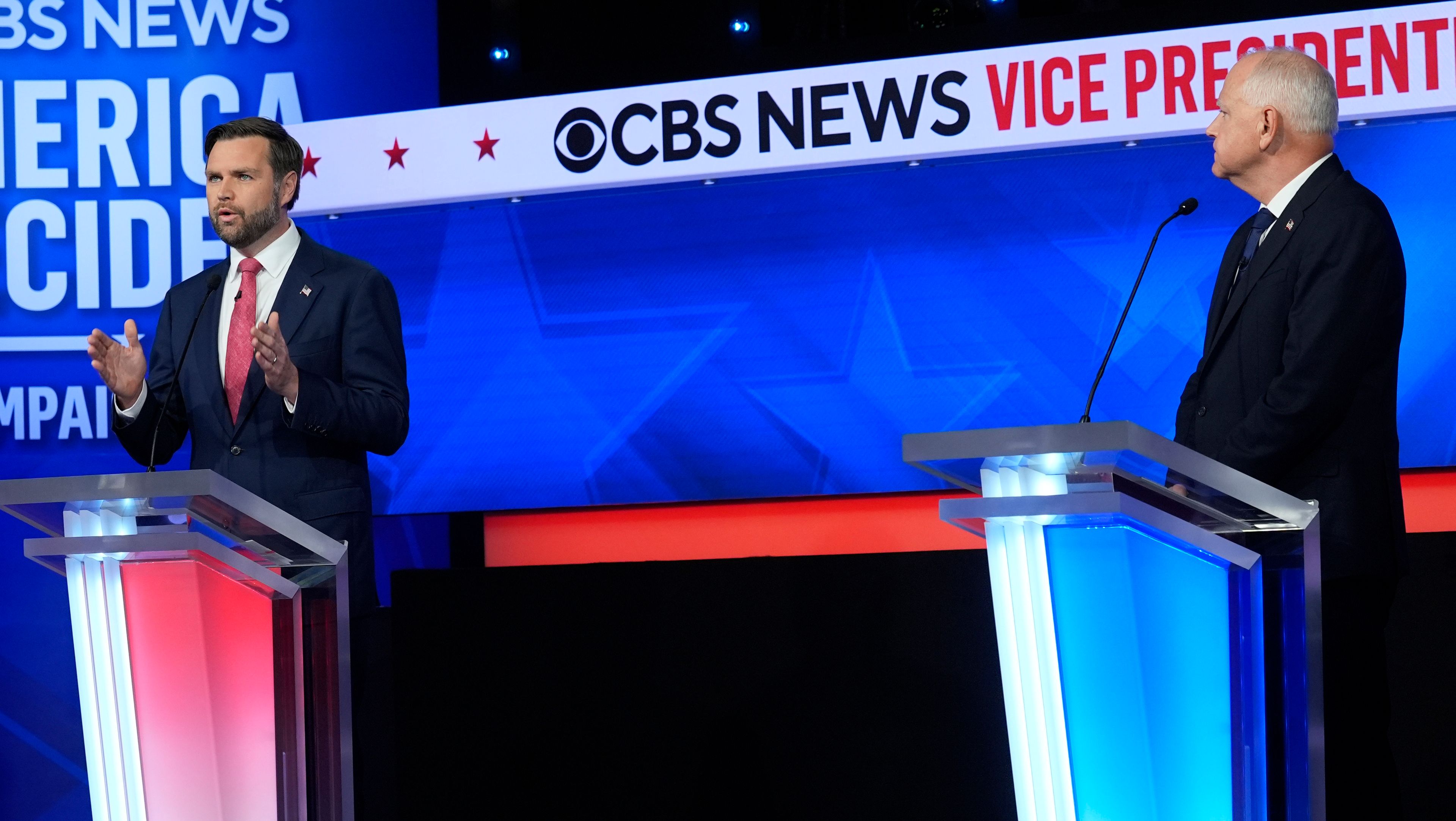 Republican vice presidential nominee Sen. JD Vance, R-Ohio, speaks during a vice presidential debate hosted by CBS News, with Democratic vice presidential candidate Minnesota Gov. Tim Walz, Tuesday, Oct. 1, 2024, in New York. (AP Photo/Matt Rourke)