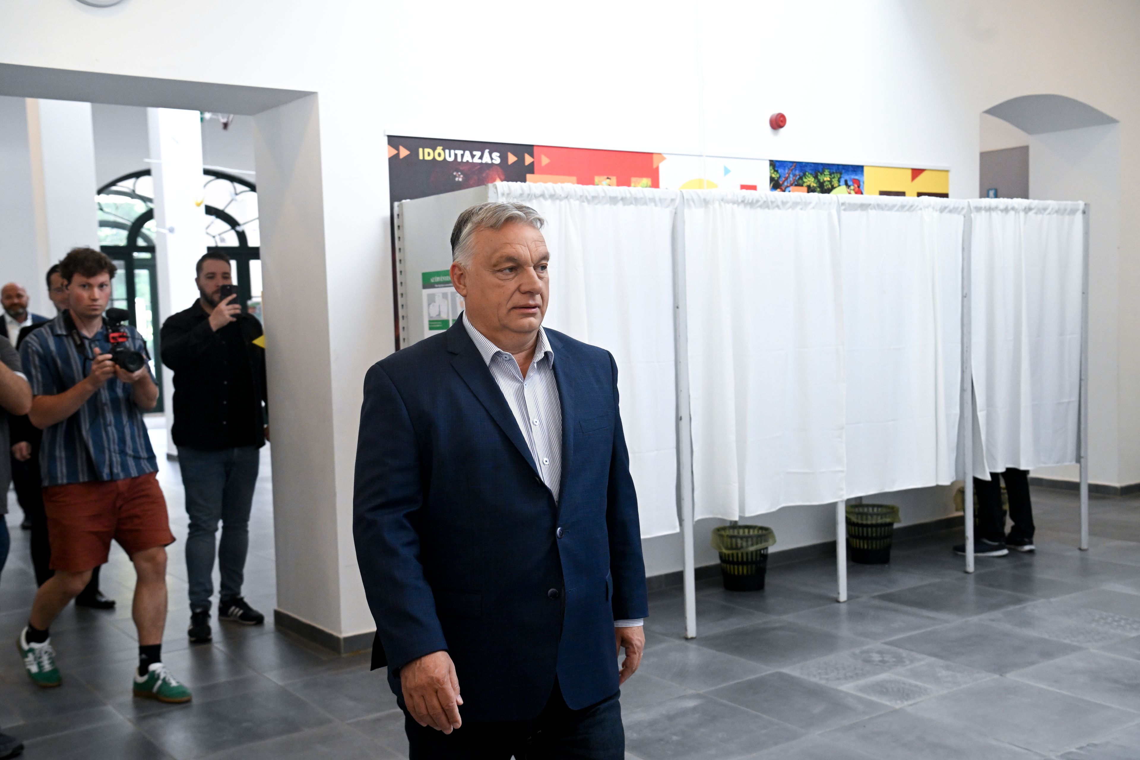 Hungarian Prime Minister Viktor Orban, leader of the ruling Fidesz party arrives to cast his vote at a polling station during the European Parliament and the local elections in Budapest, Hungary, Sunday June 9, 2024.