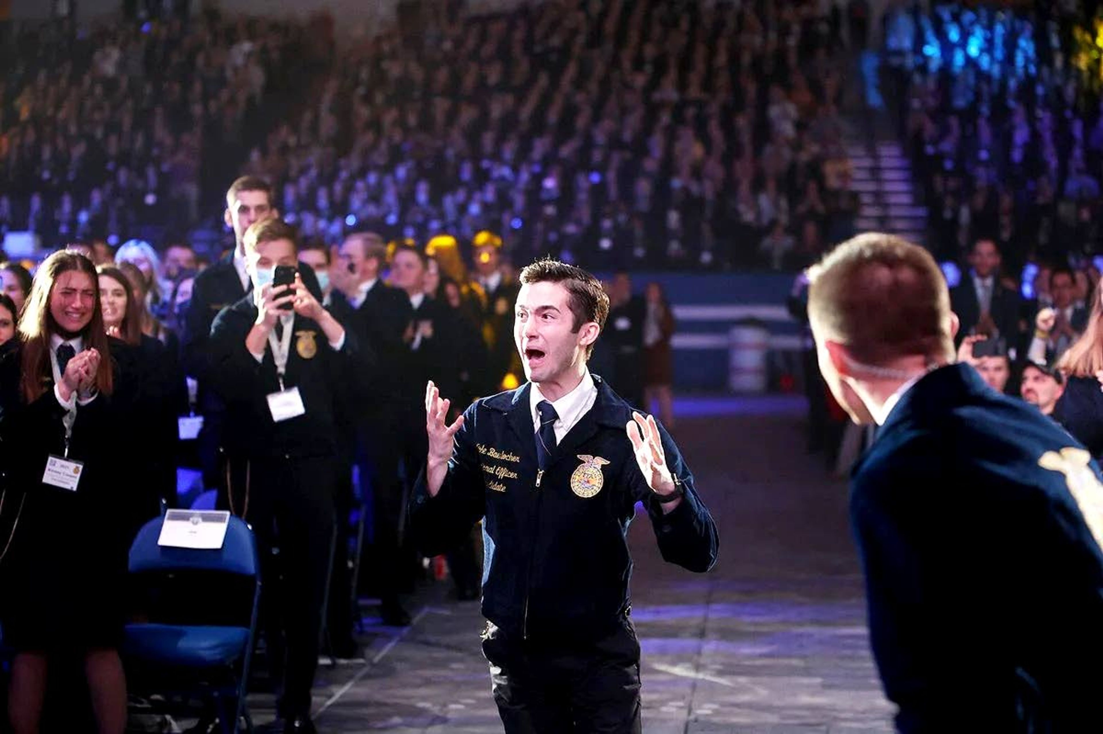 In this photo taken in October at the FFA’s national convention in Indianapolis in October, Cole Baerlocher of Colfax reacts to the announcement that he has been elected the group’s national president.