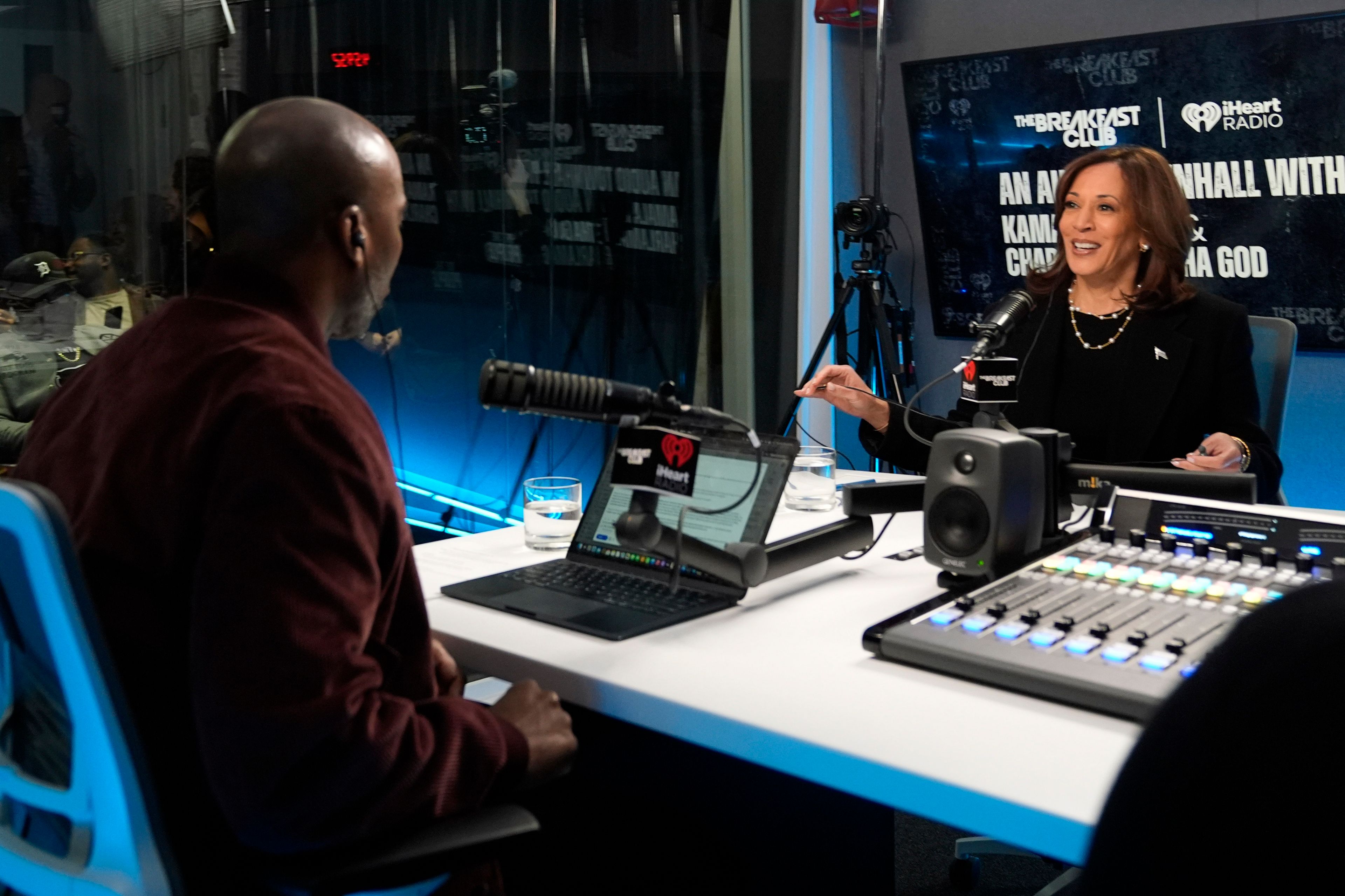 Democratic presidential nominee Vice President Kamala Harris, participates in an interview with Charlamagne Tha God, co-host of iHeartMedia's morning show The Breakfast Club, in Detroit, Tuesday, Oct. 15, 2024. (AP Photo/Jacquelyn Martin)