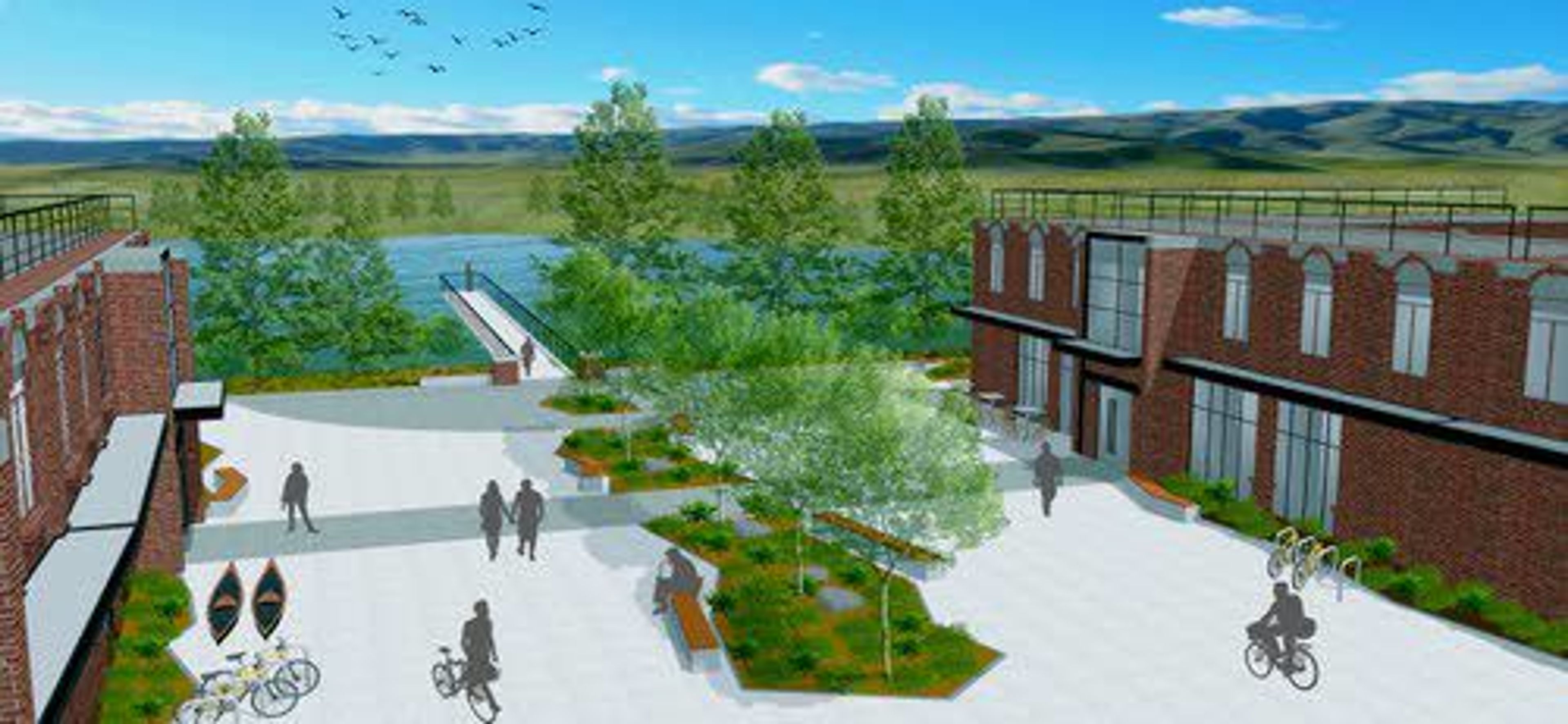 This artist’s conceptualization, showing a renovated downtown Lewiston that reconnects it to its waterfront, was created by WSU student Nick Sandifer.