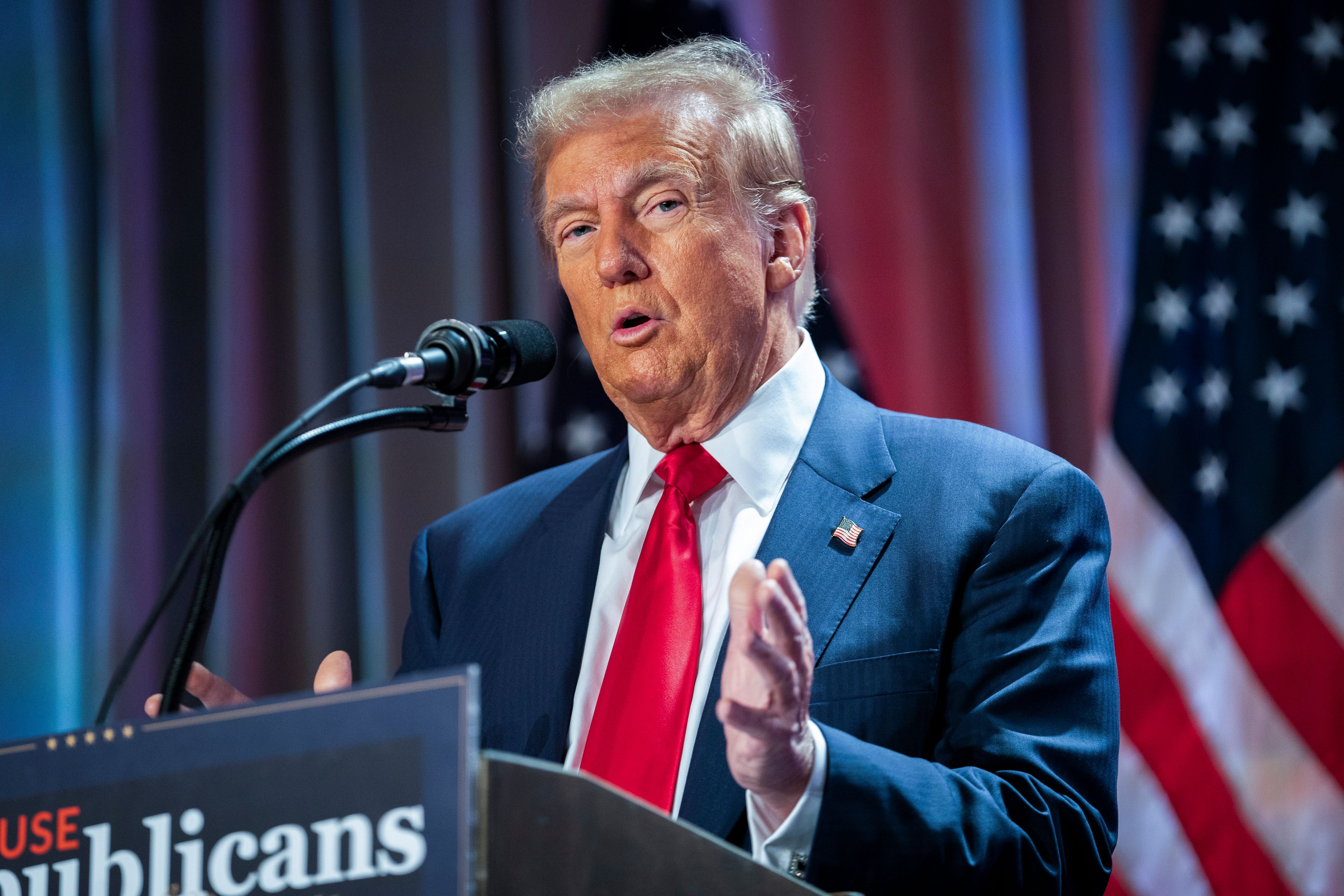 FILE - President-elect Donald Trump speaks during a meeting with the House GOP conference, Nov. 13, 2024, in Washington. (Allison Robbert/Pool via AP, File)