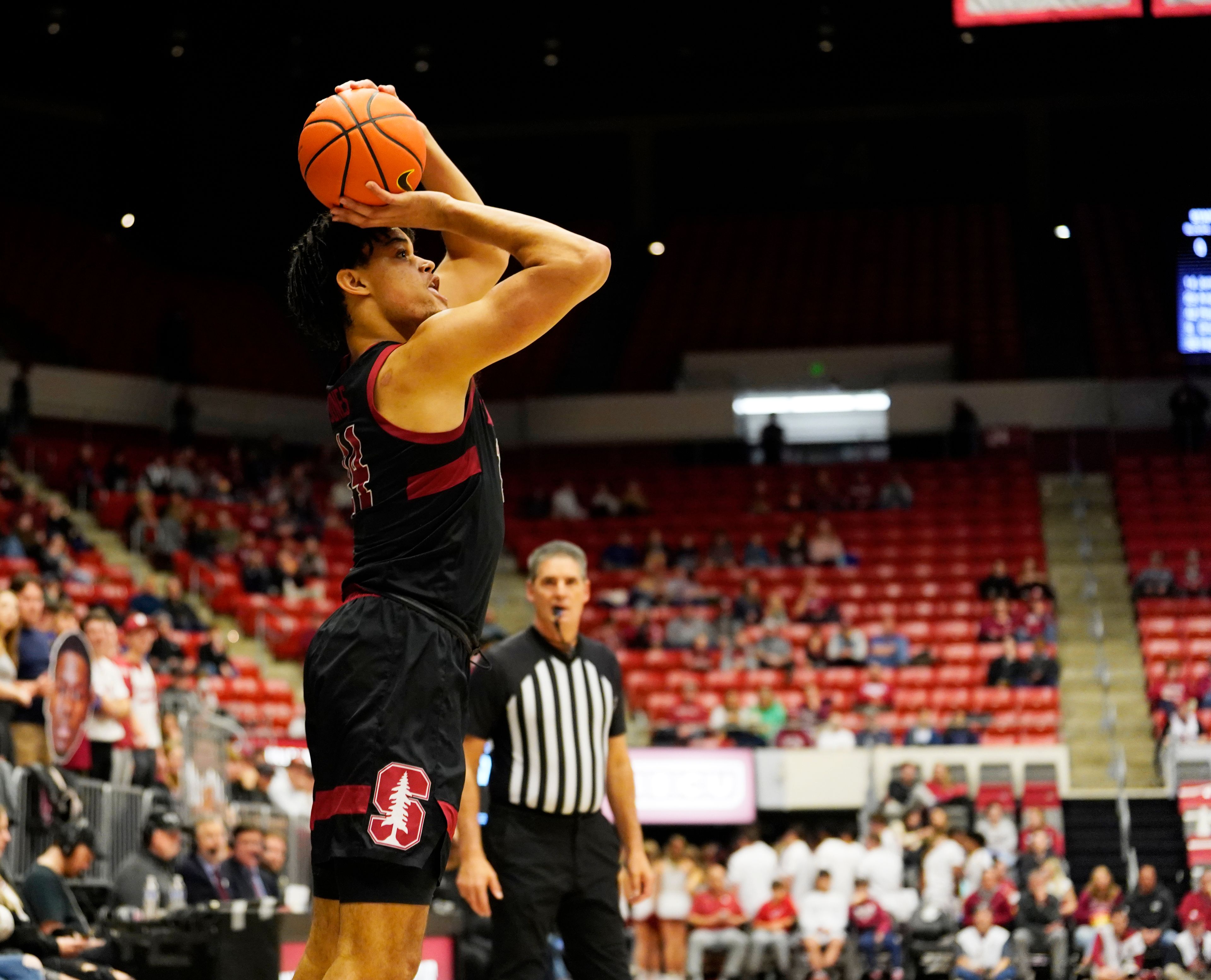 Stanford forward Spencer Jones (14) attempts a 3-point shot against Washington State during the first half of an NCAA college basketball game in Pullman, Wash., Saturday, Jan. 14, 2023. (AP Photo/Dean Hare)