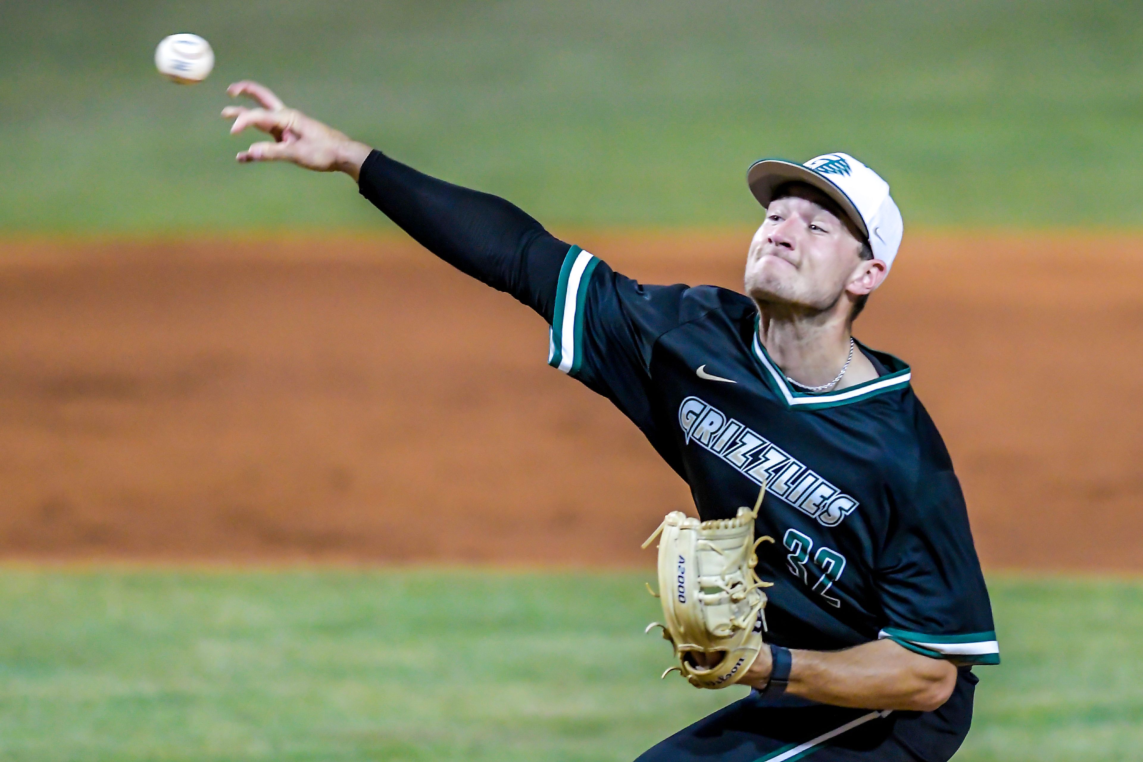 Georgia Gwinnett pitcher Ben Harris throws a pitch against Tennessee Wesleyan in Game 12 of the NAIA World Series at Harris Field Monday in Lewiston.