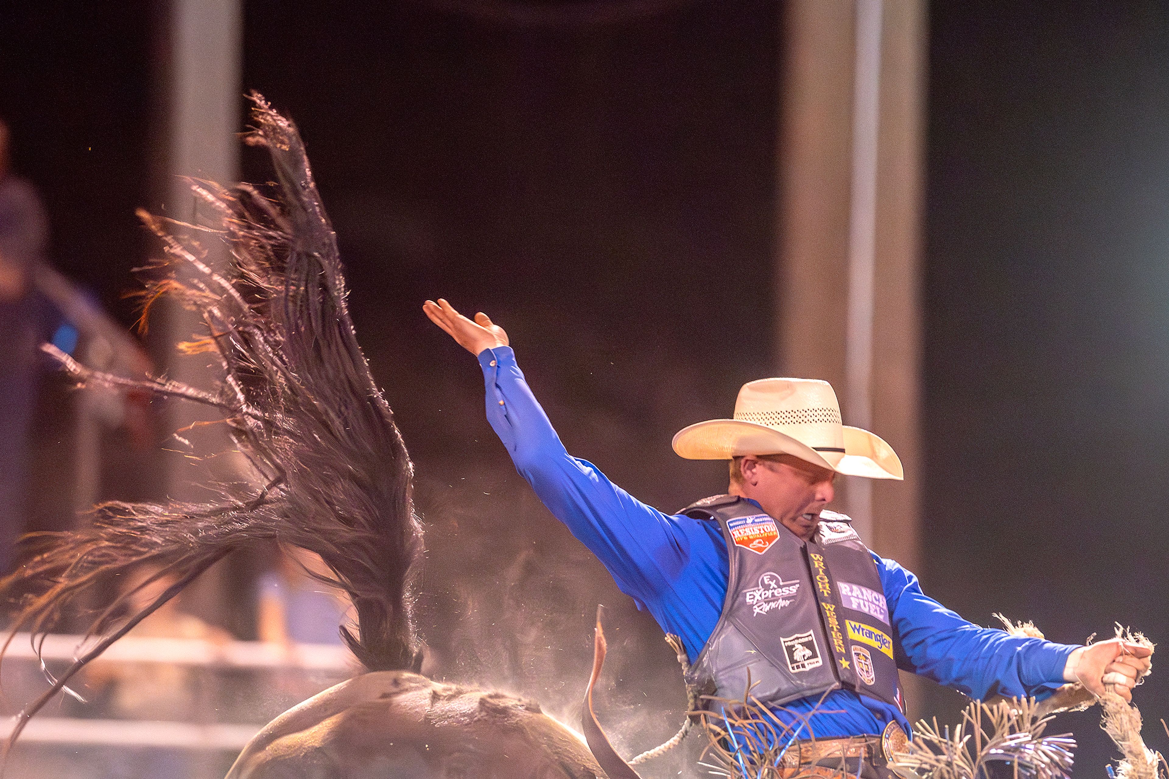 Spencer Wright rides Stratford in the saddle bronc competition on day 2 of the Lewiston Roundup.